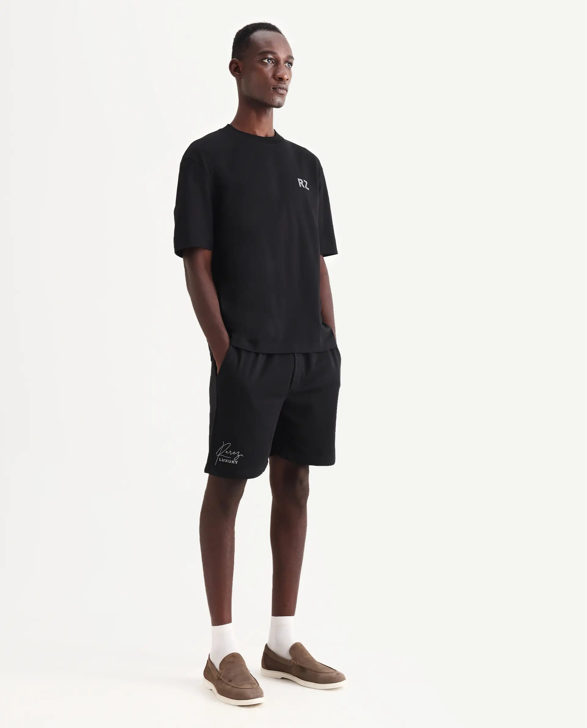 Rare Rabbit Men's Cade-B Black Cotton Typography Print Oversized Fit Shorts