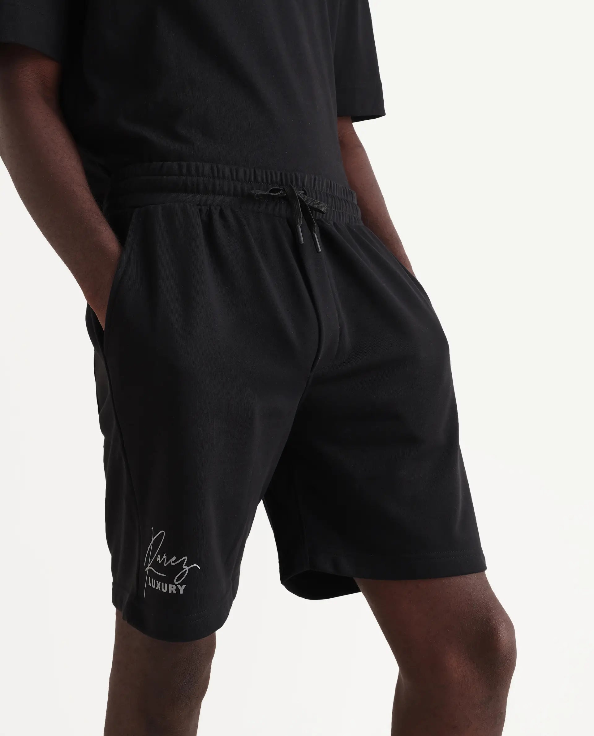 Rare Rabbit Men's Cade-B Black Cotton Typography Print Oversized Fit Shorts