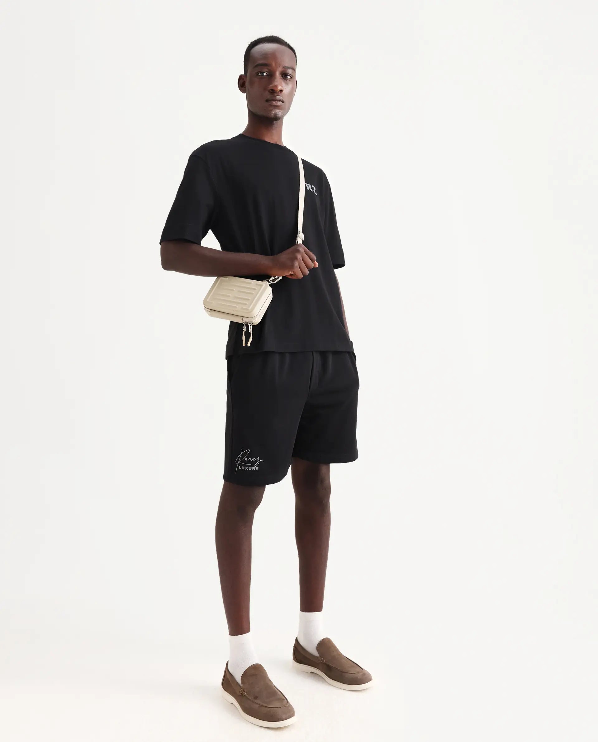 Rare Rabbit Men's Cade-B Black Cotton Typography Print Oversized Fit Shorts