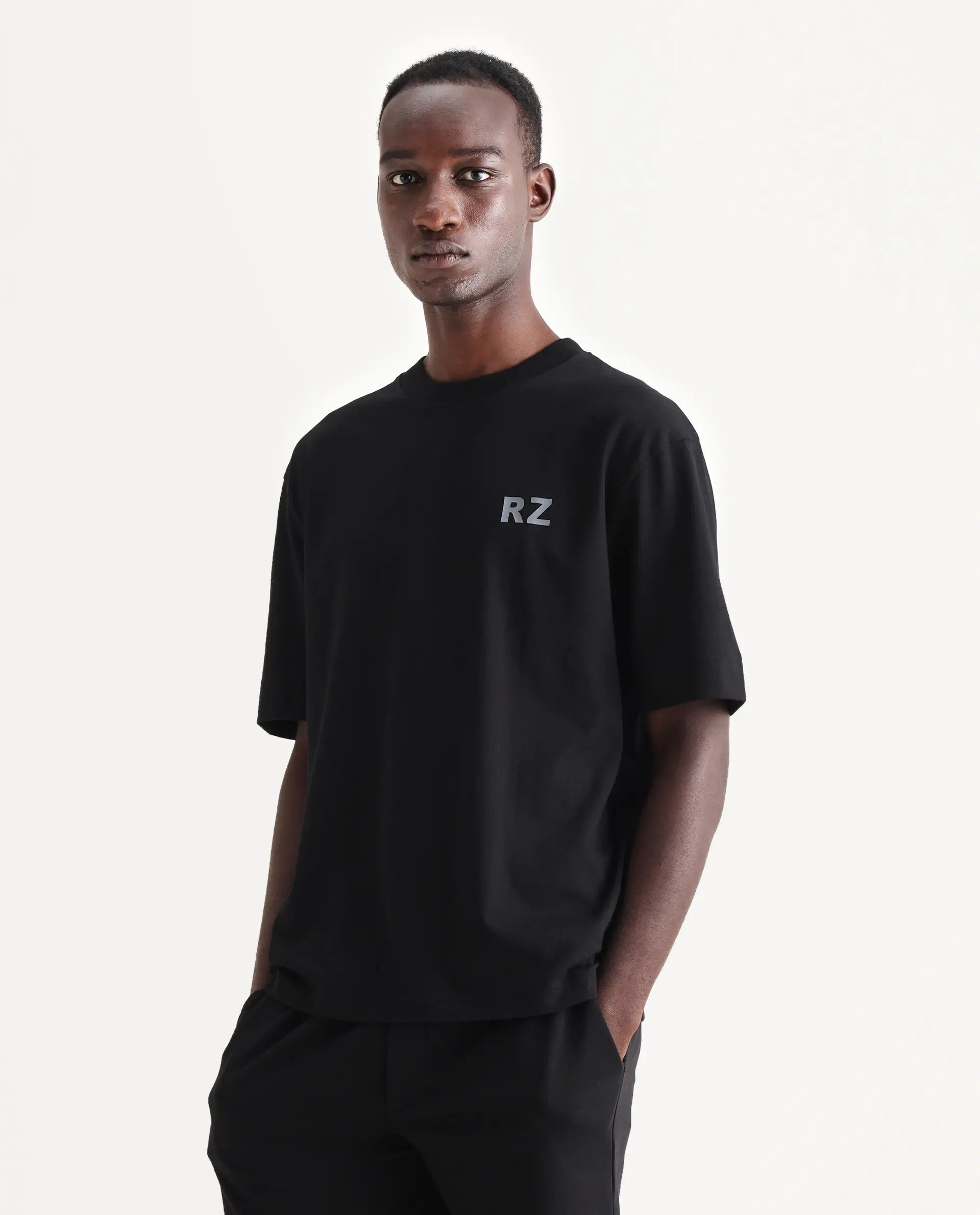 Rare Rabbit Men's Cade Black Cotton Graphic Print Oversized Fit Half Sleeve Crew Neck T-Shirt