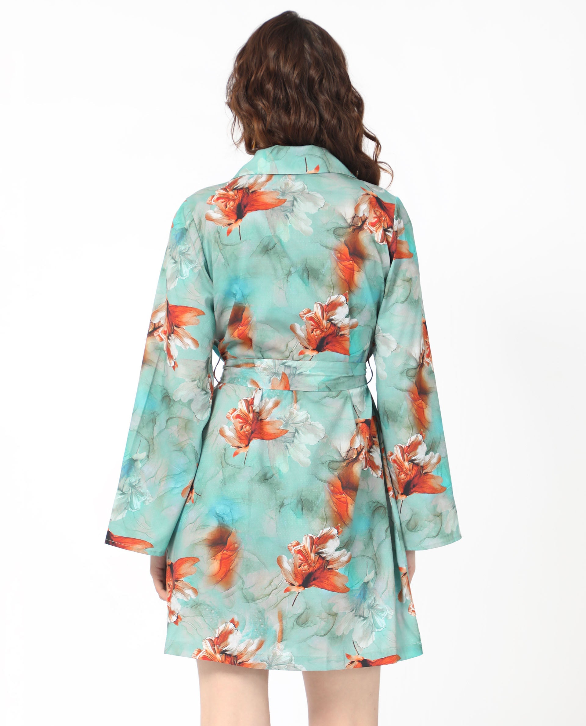 Rareism Women Caden Blue Cotton Fabric Full Sleeves Lapel Neck Bell Sleeve Regular Fit Abstract Print Short Boxy Dress