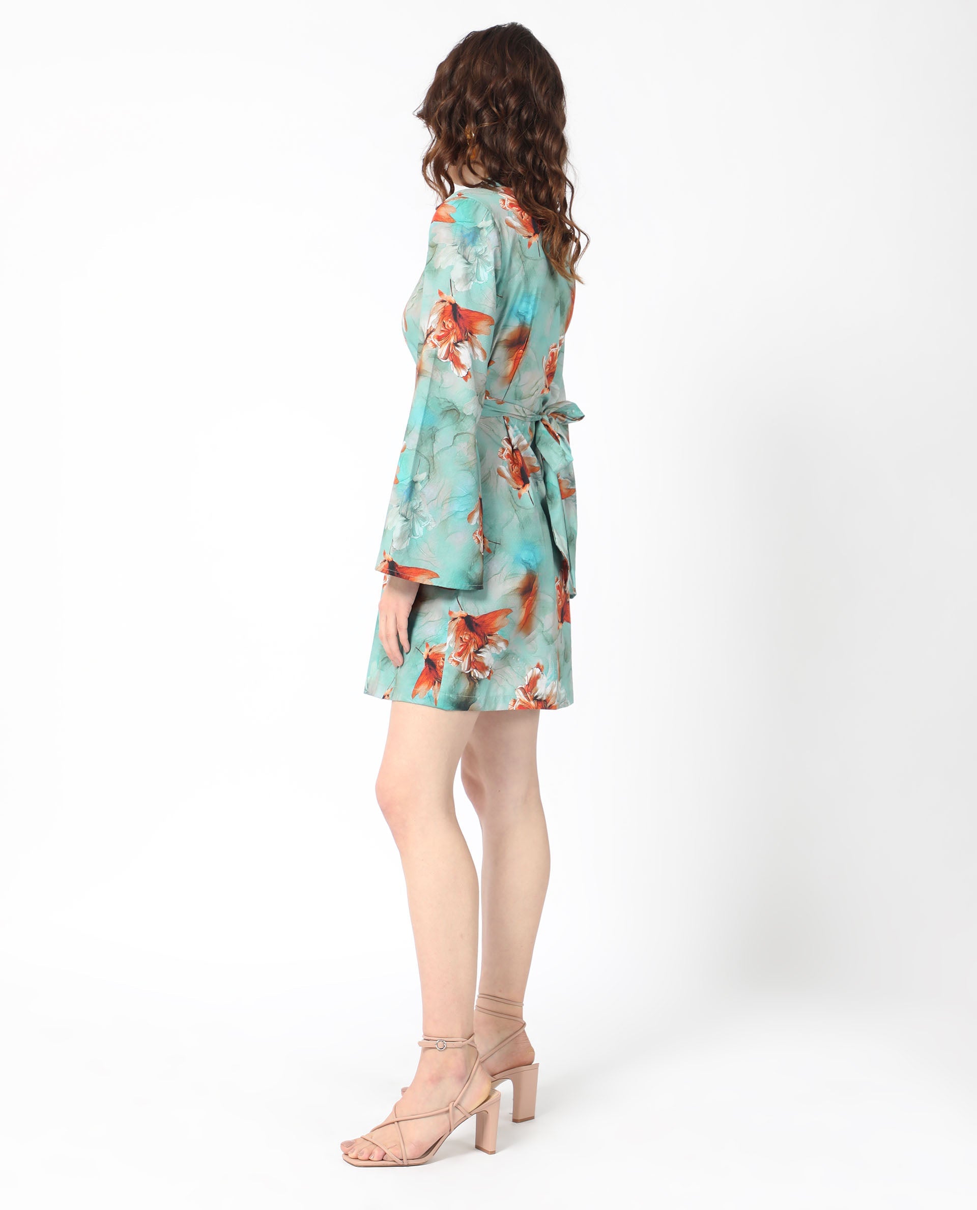 Rareism Women Caden Blue Cotton Fabric Full Sleeves Lapel Neck Bell Sleeve Regular Fit Abstract Print Short Boxy Dress