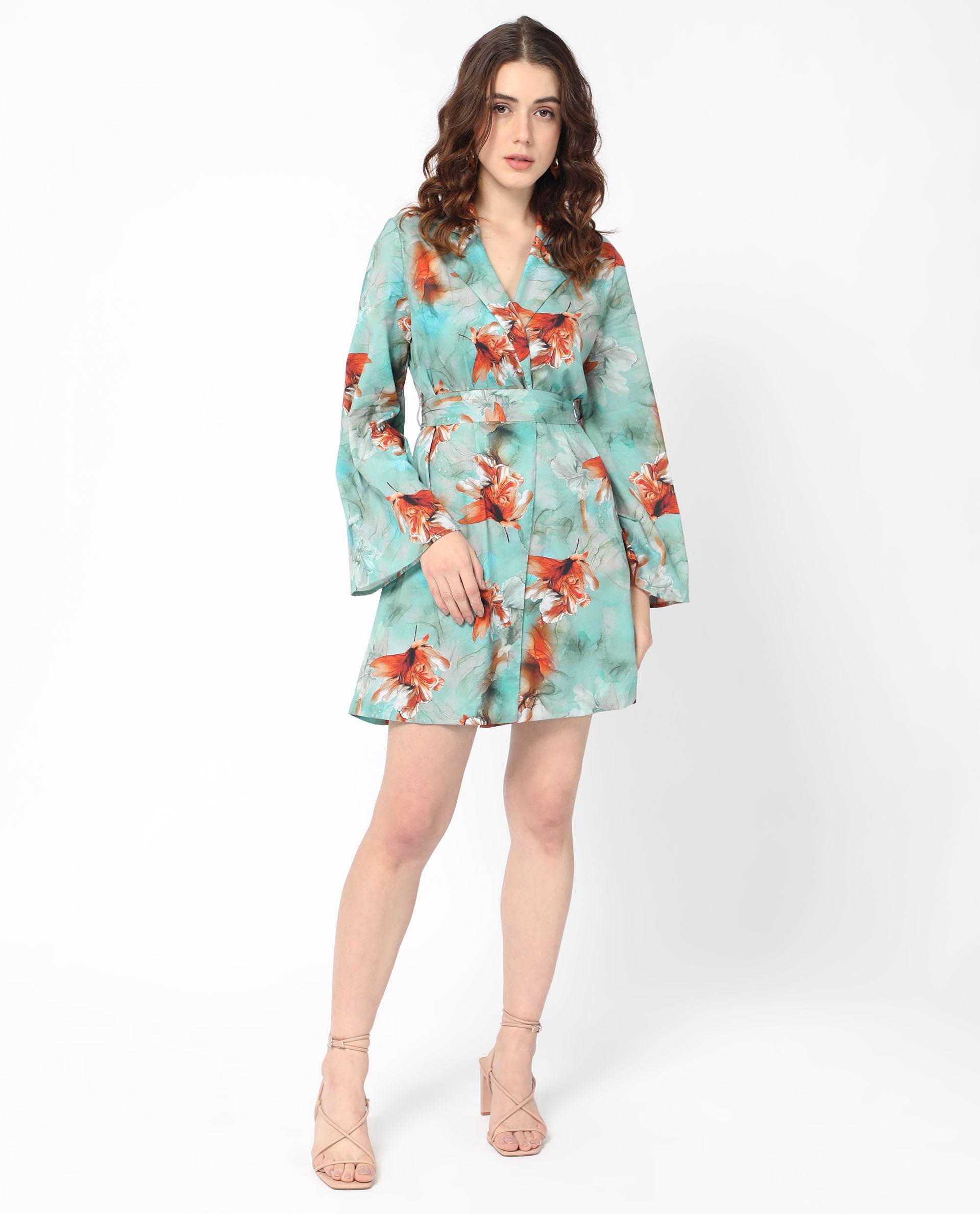 Rareism Women Caden Blue Cotton Fabric Full Sleeves Lapel Neck Bell Sleeve Regular Fit Abstract Print Short Boxy Dress