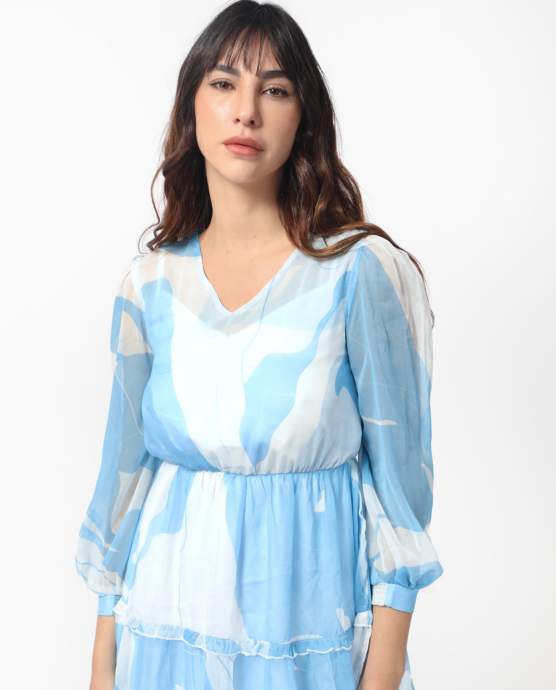 Rareism Women Cadence Blue Polyester Fabric 3/4Th Sleeves V-Neck Regular Fit Abstract Print Short Boxy Dress