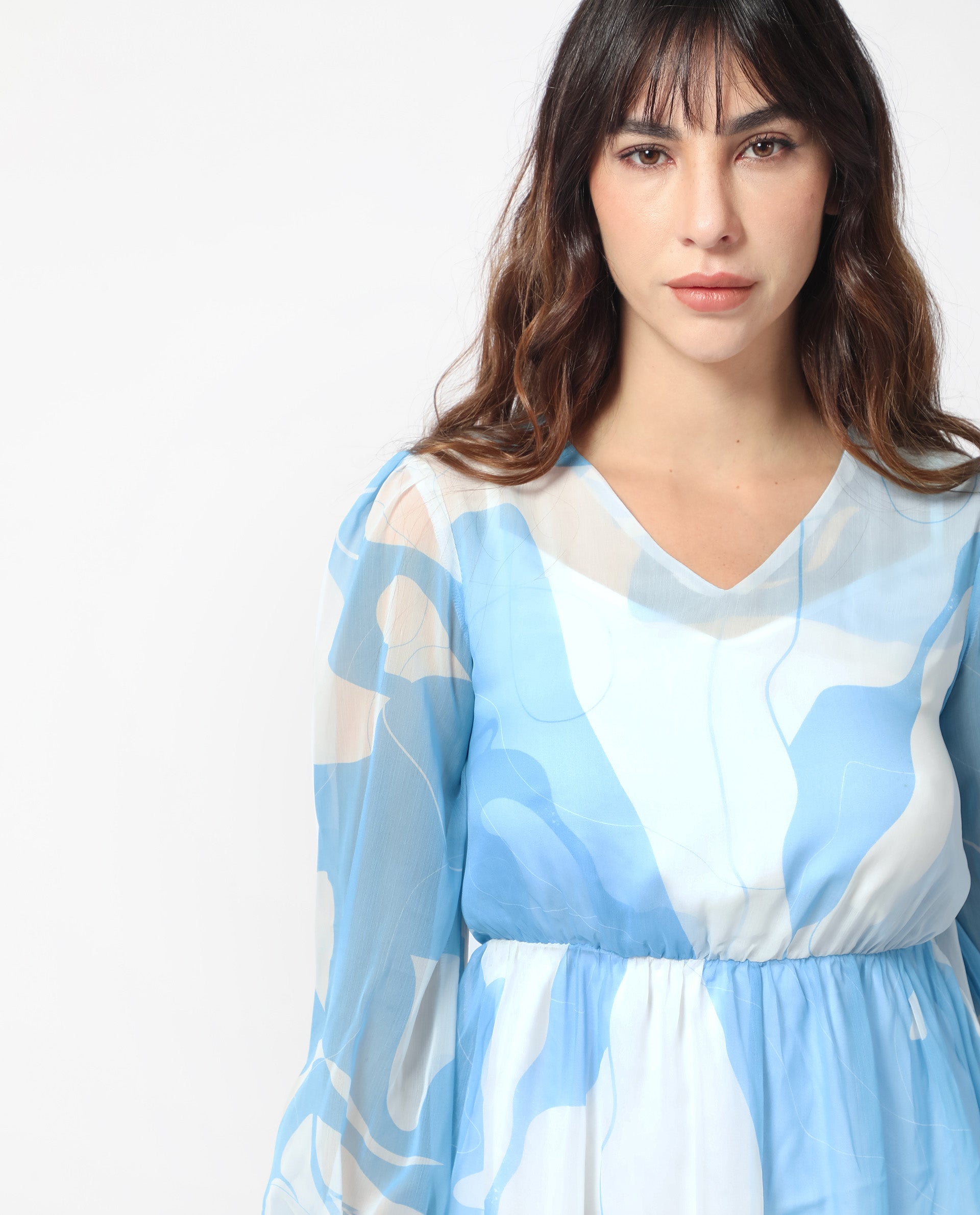 Rareism Women Cadence Blue Polyester Fabric 3/4Th Sleeves V-Neck Regular Fit Abstract Print Short Boxy Dress