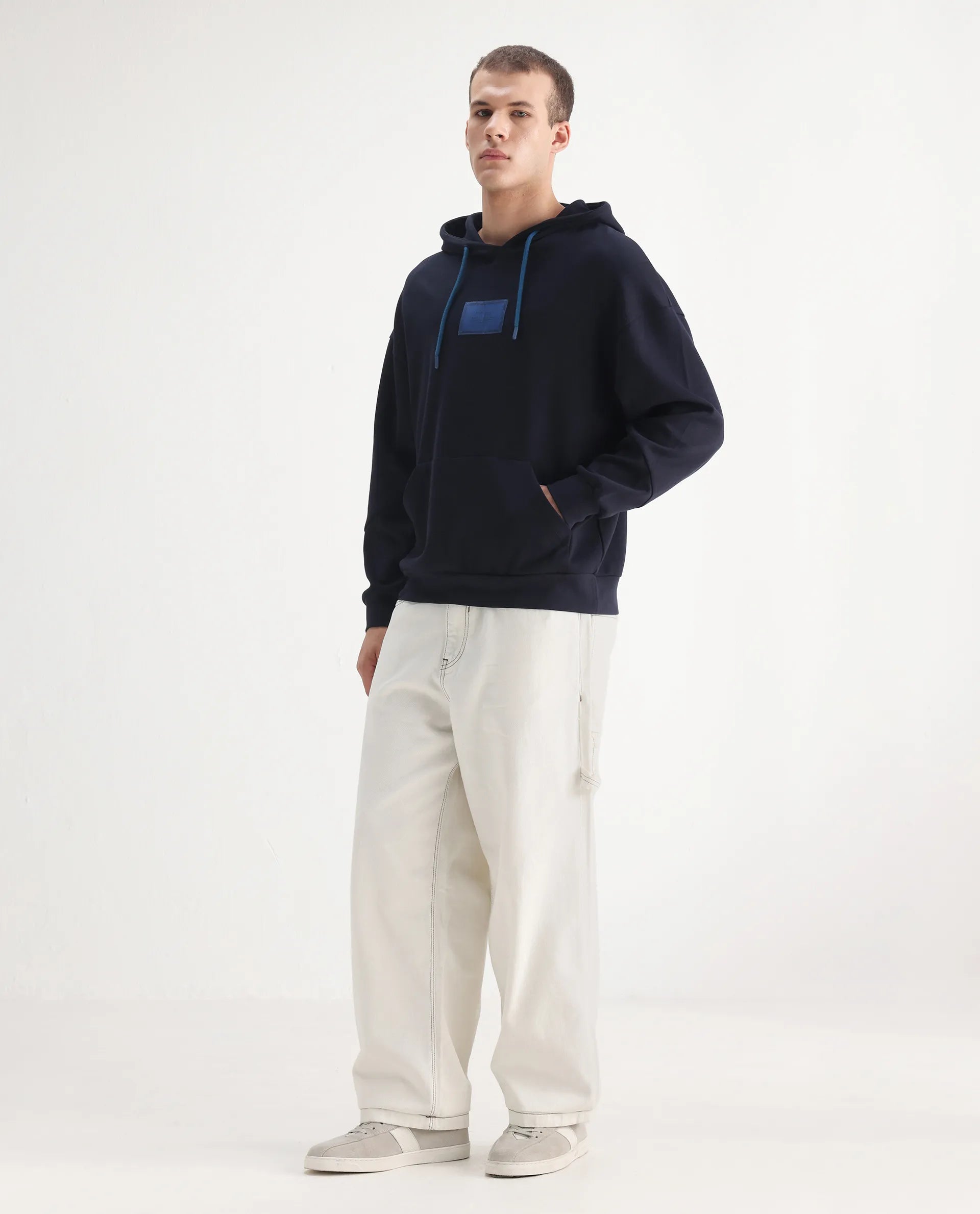 Rare Rabbit Men's Cade White Cotton Plain Baggy Fit Jeans