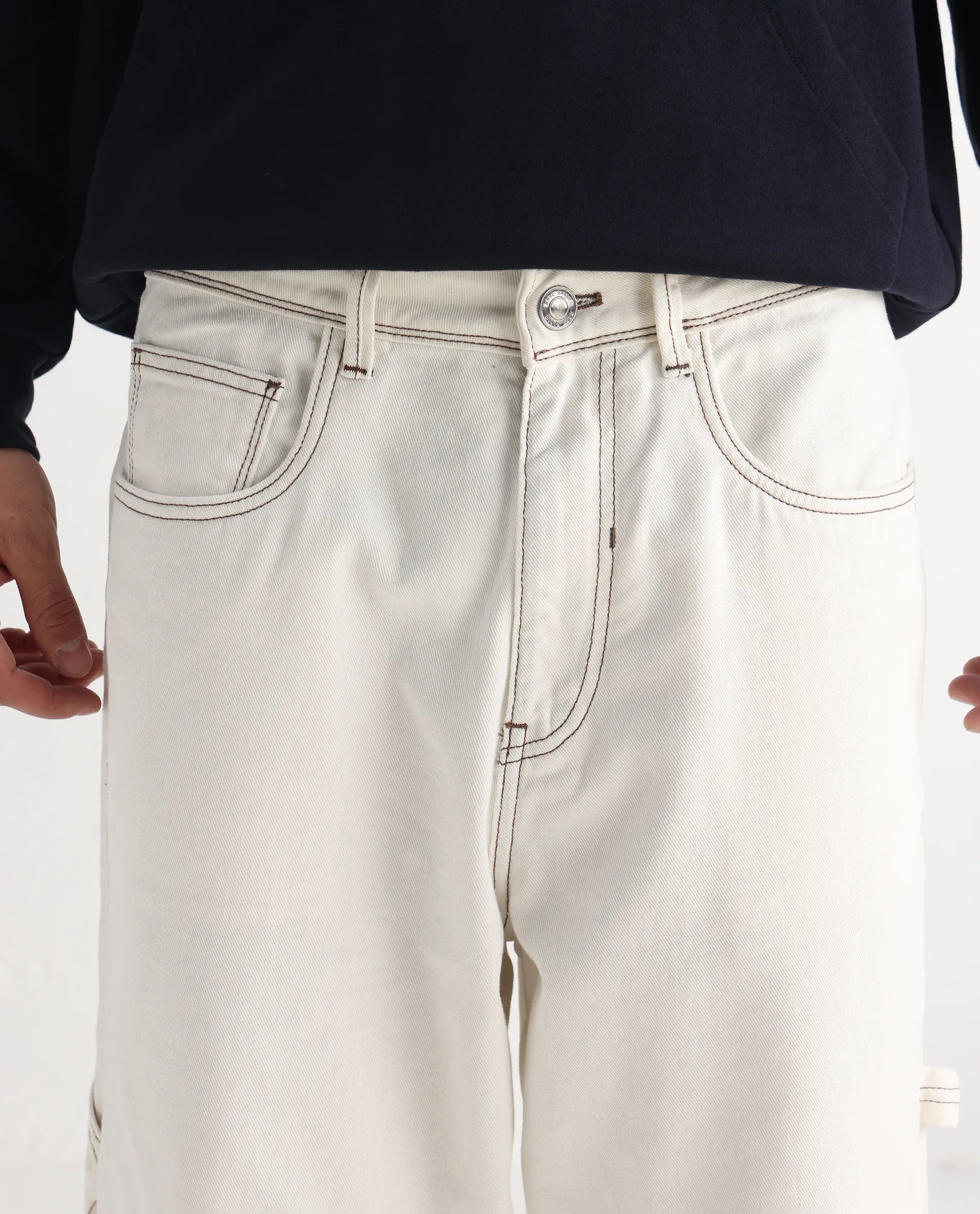 Rare Rabbit Men's Cade White Cotton Plain Baggy Fit Jeans