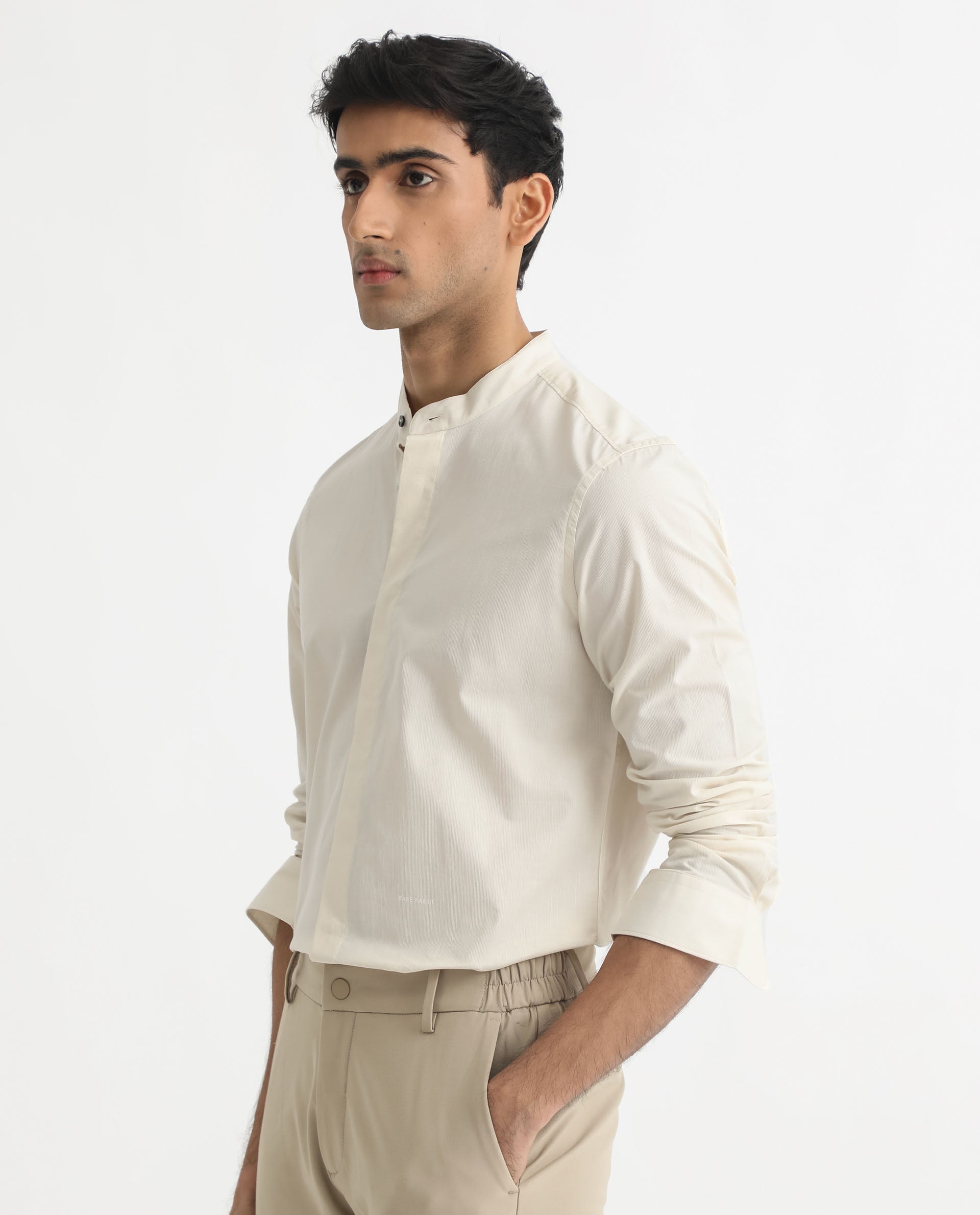 Rare Rabbit Men's Cadmi Light Yellow Mandarin Collar Dobby Full Sleeves Solid Shirt