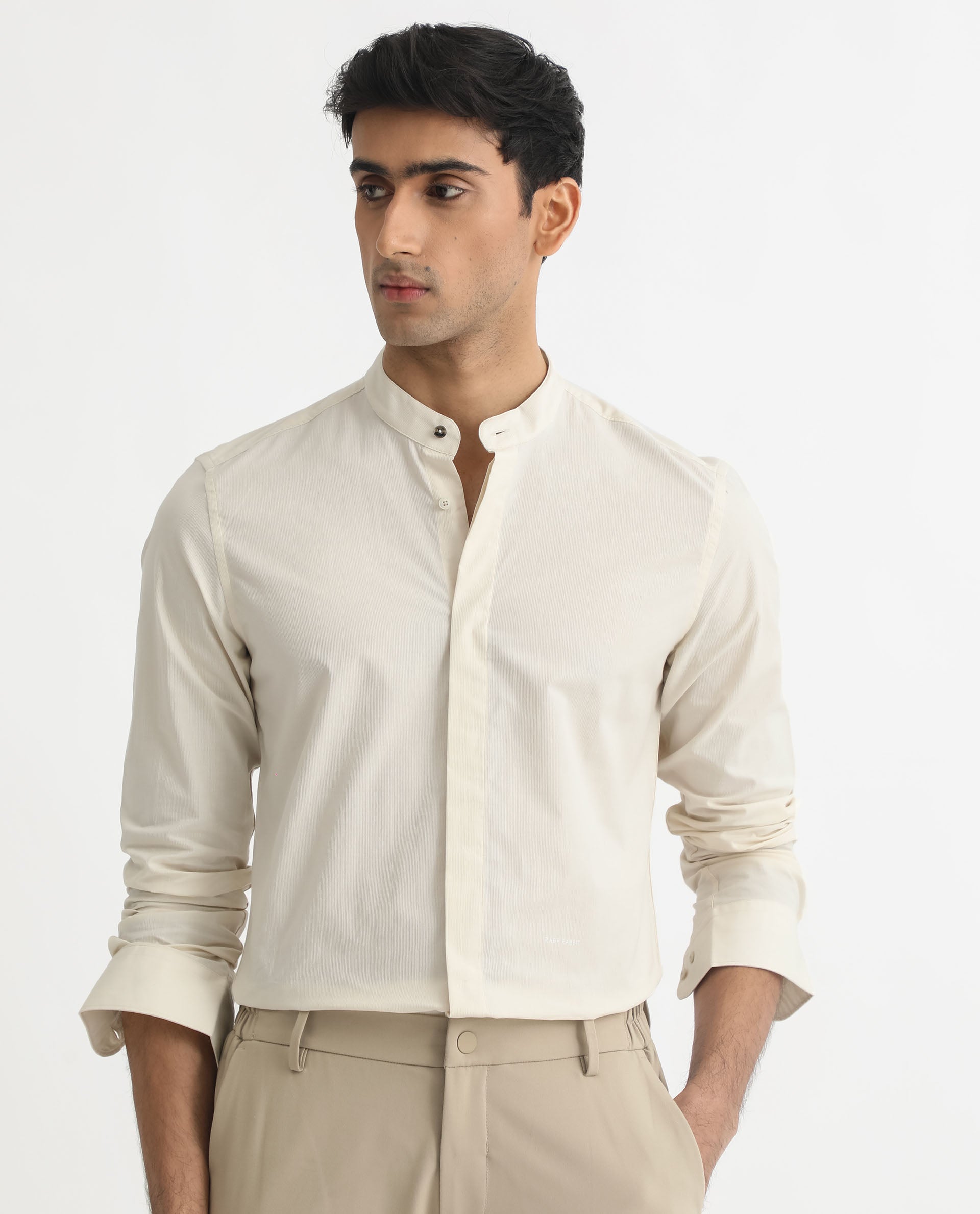 Rare Rabbit Men's Cadmi Light Yellow Mandarin Collar Dobby Full Sleeves Solid Shirt