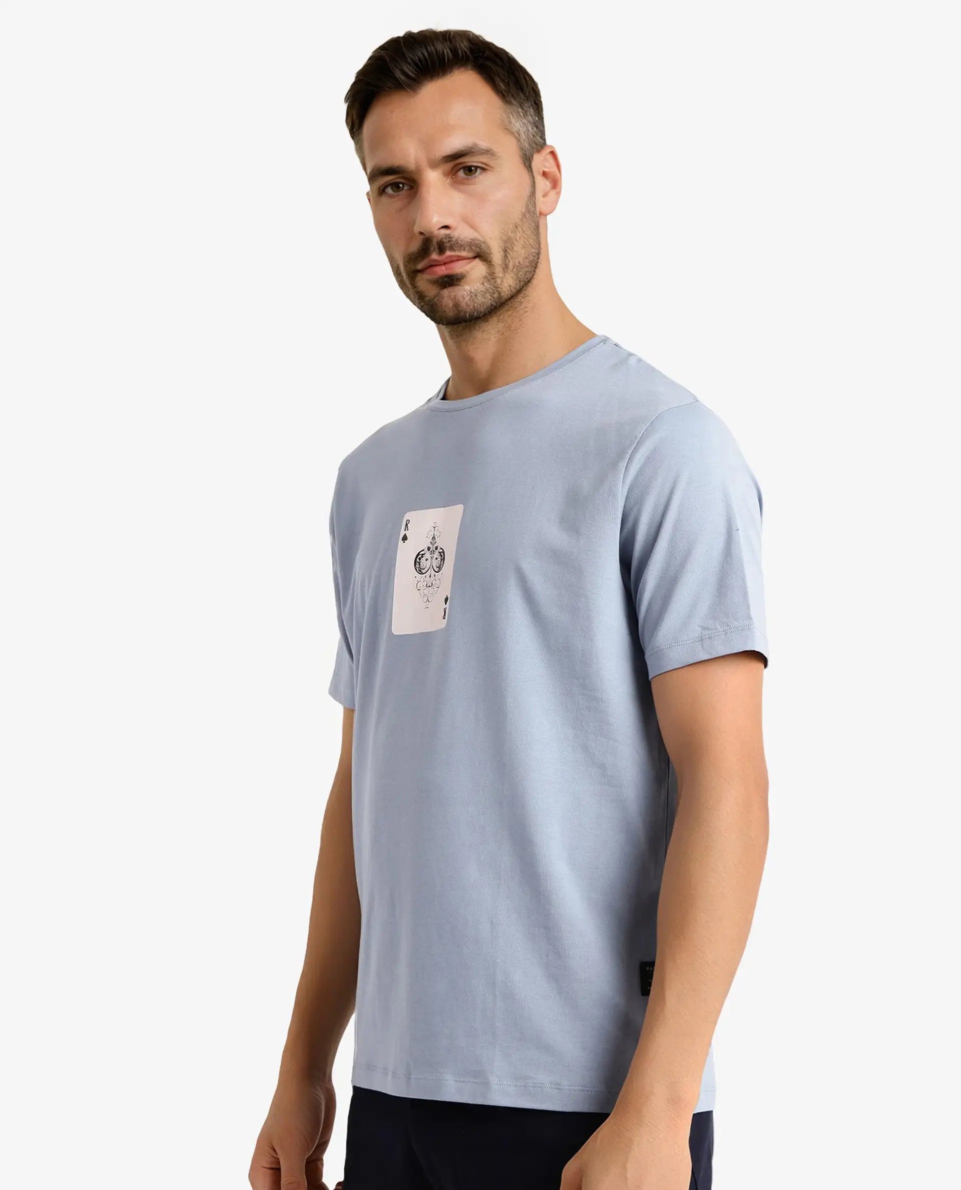 Rare Rabbit Men Caf Dusky Blue Short Sleeve Crew Neck Graphic Print T-Shirt