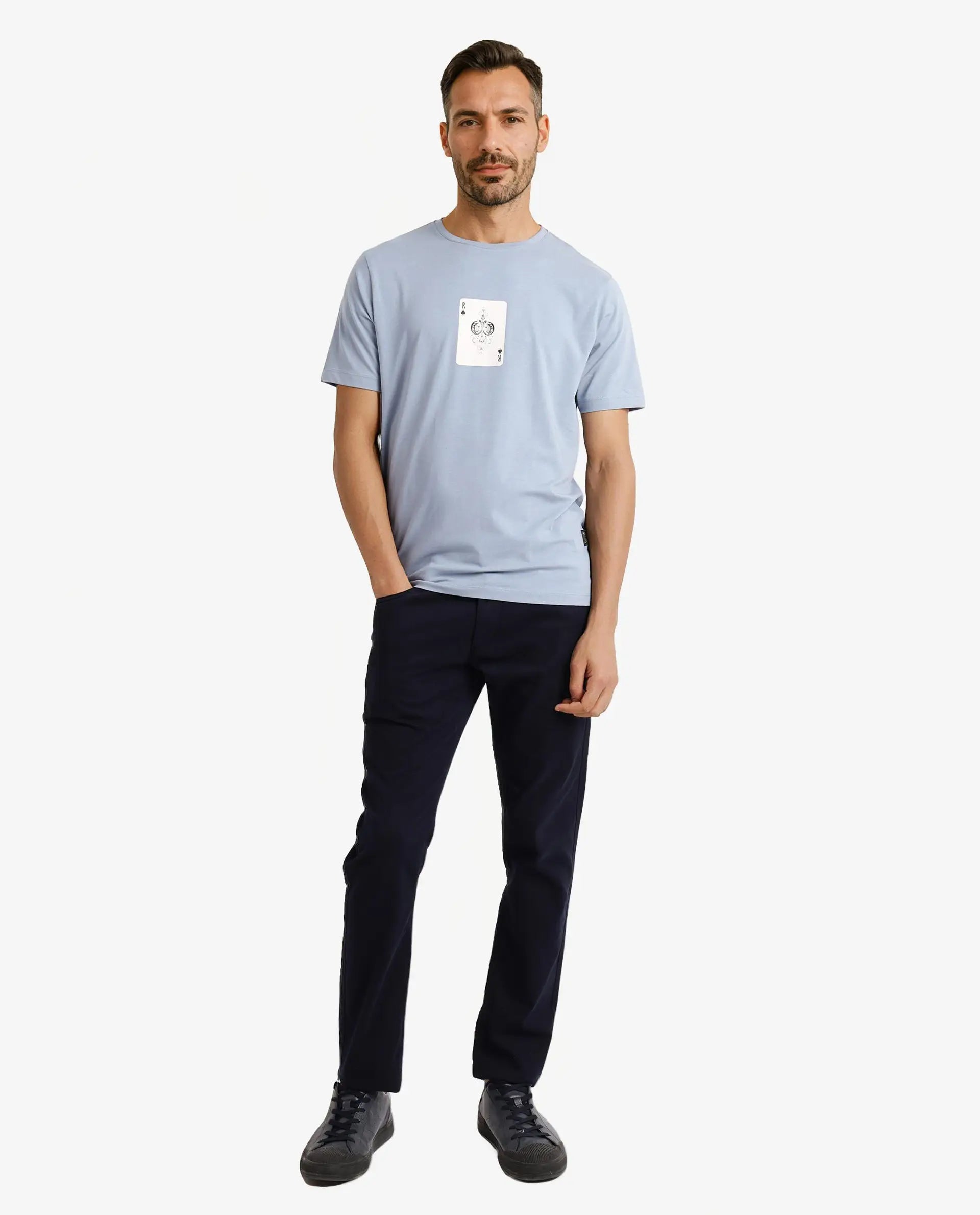 Rare Rabbit Men Caf Dusky Blue Short Sleeve Crew Neck Graphic Print T-Shirt