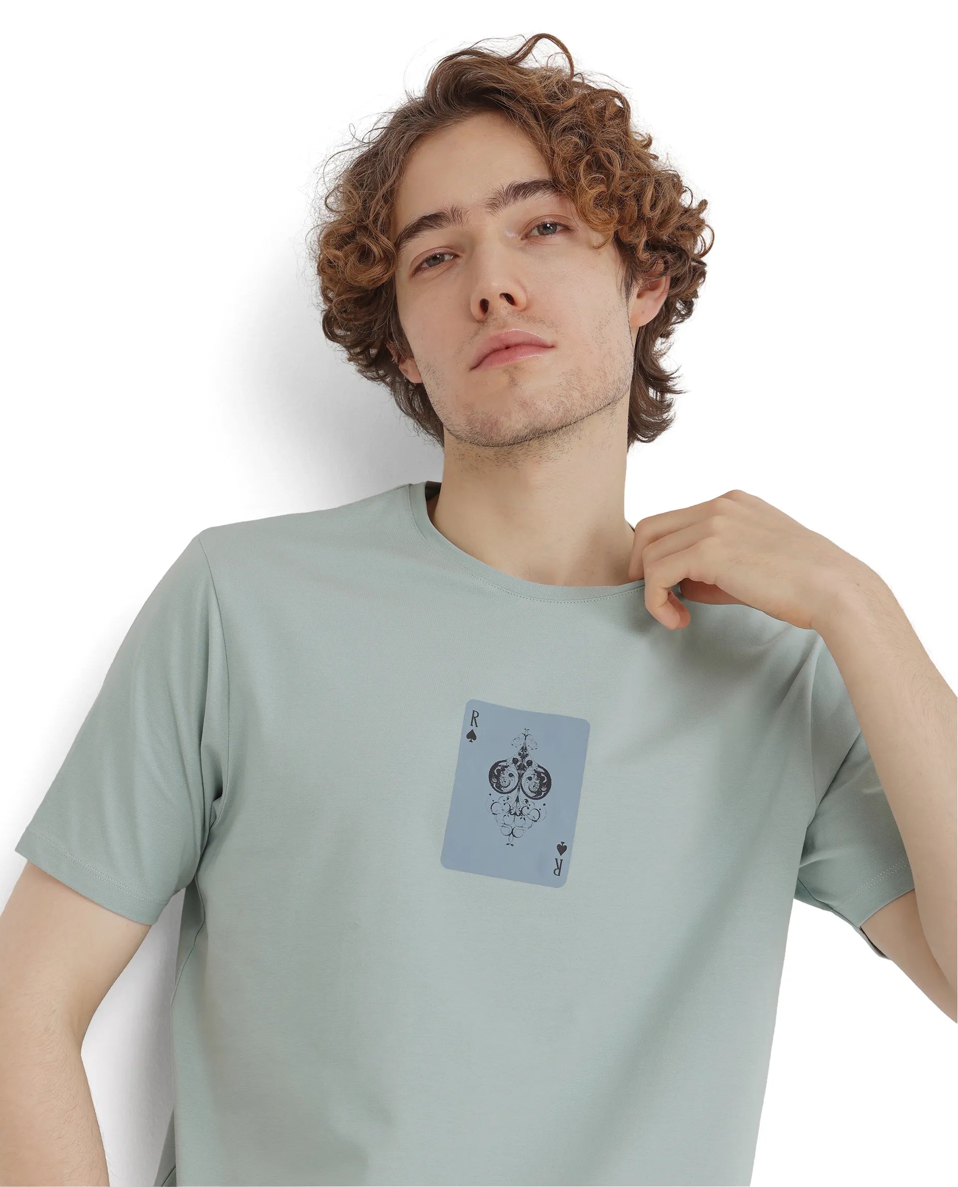 Rare Rabbit Men Caf Dusky Green Short Sleeve Crew Neck Graphic Print T-Shirt