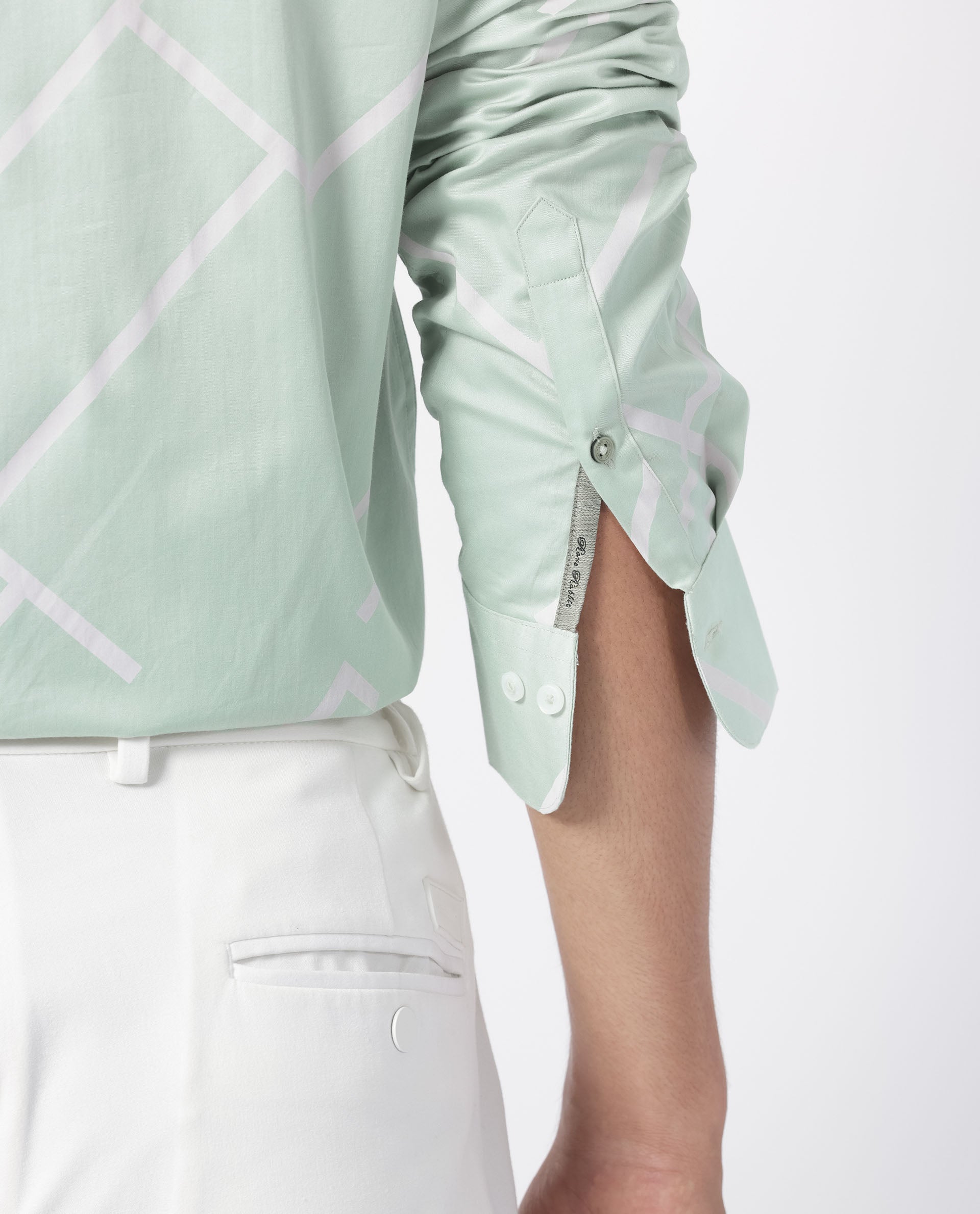 Rare Rabbit Men's Cagen Pastel Green Viscose Fabric Geometric Print Full Sleeves Shirt