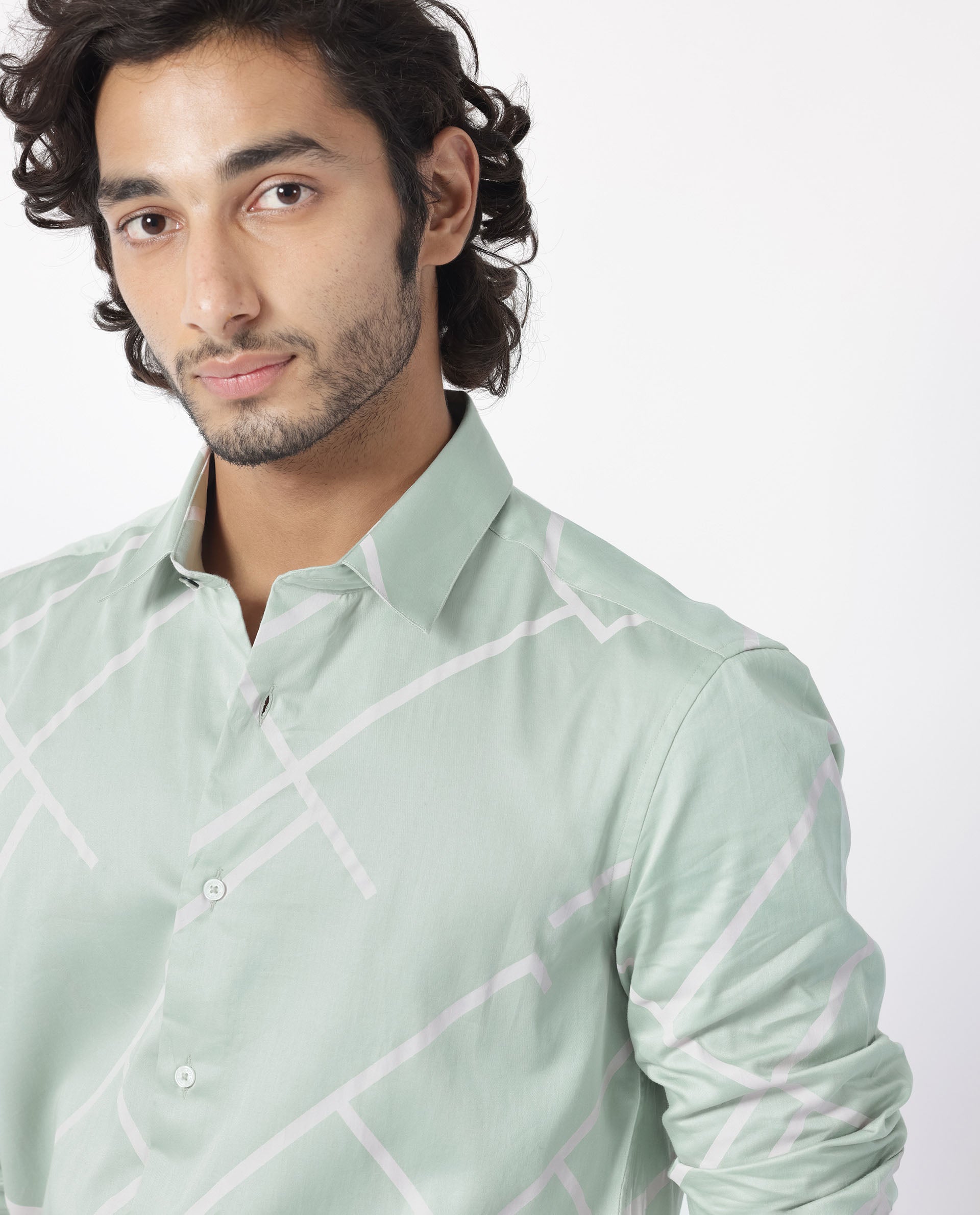 Rare Rabbit Men's Cagen Pastel Green Viscose Fabric Geometric Print Full Sleeves Shirt