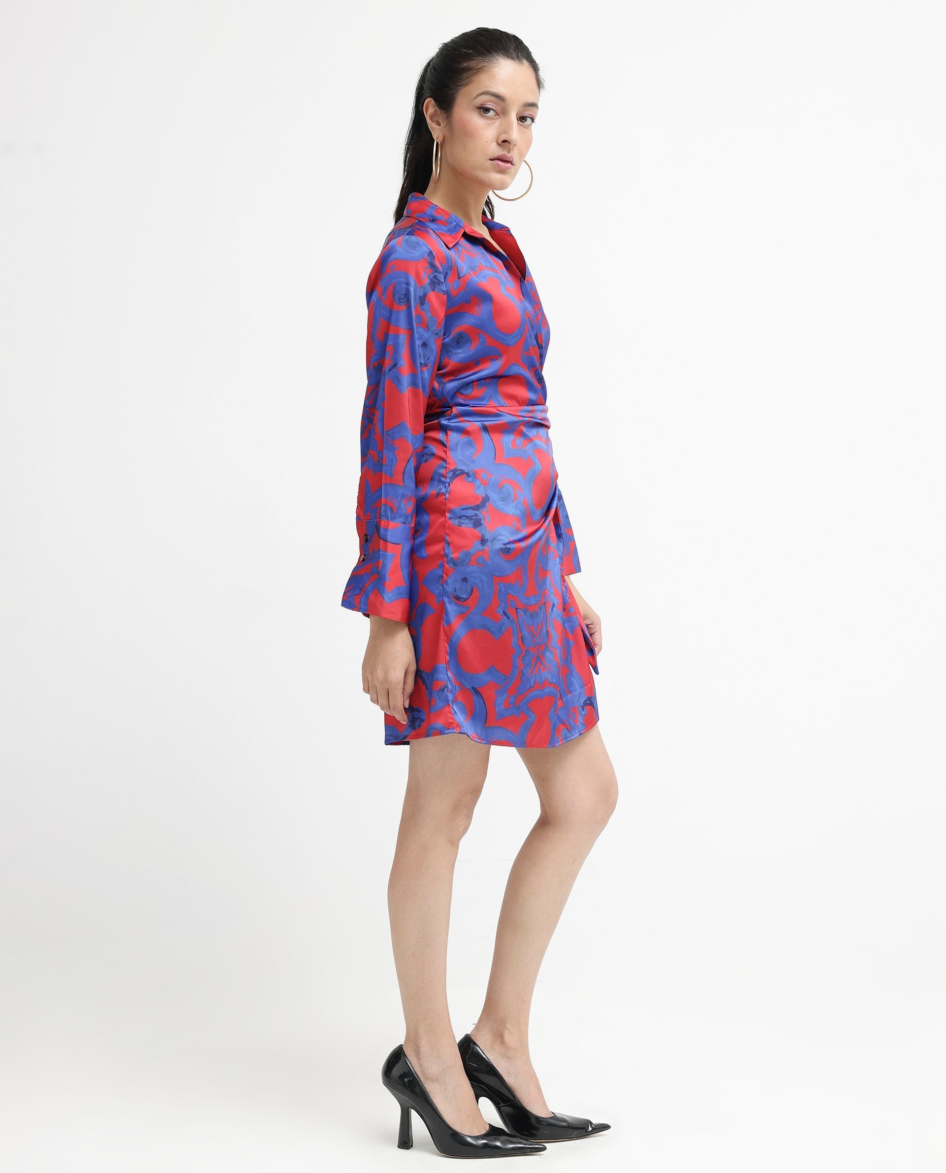 Rareism Women Cager-SC Red Cuffed Sleeve Regular Collar Loop Wrap Abstract Print Mini Dress