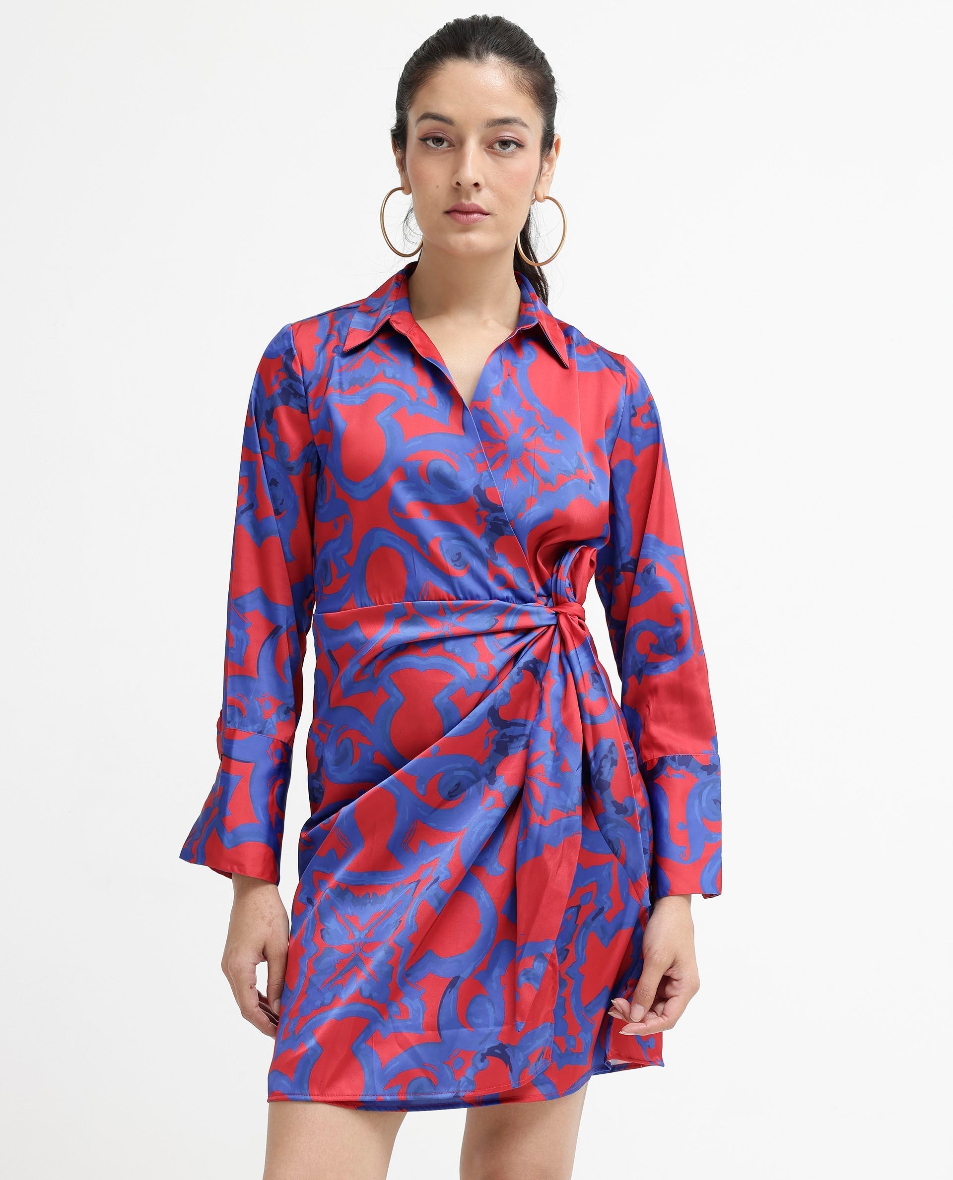 Rareism Women Cager-SC Red Cuffed Sleeve Regular Collar Loop Wrap Abstract Print Mini Dress