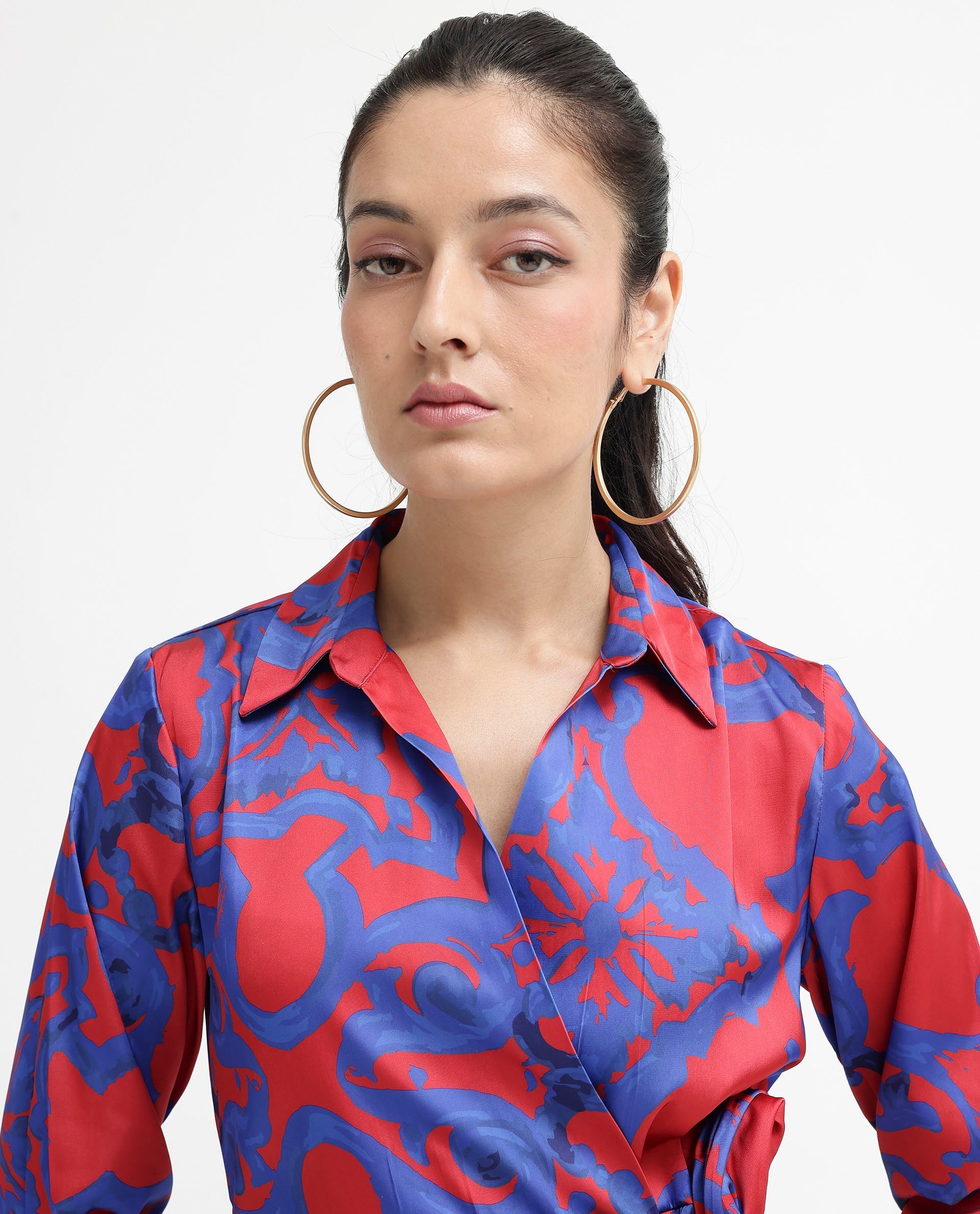 Rareism Women Cager-SC Red Cuffed Sleeve Regular Collar Loop Wrap Abstract Print Mini Dress