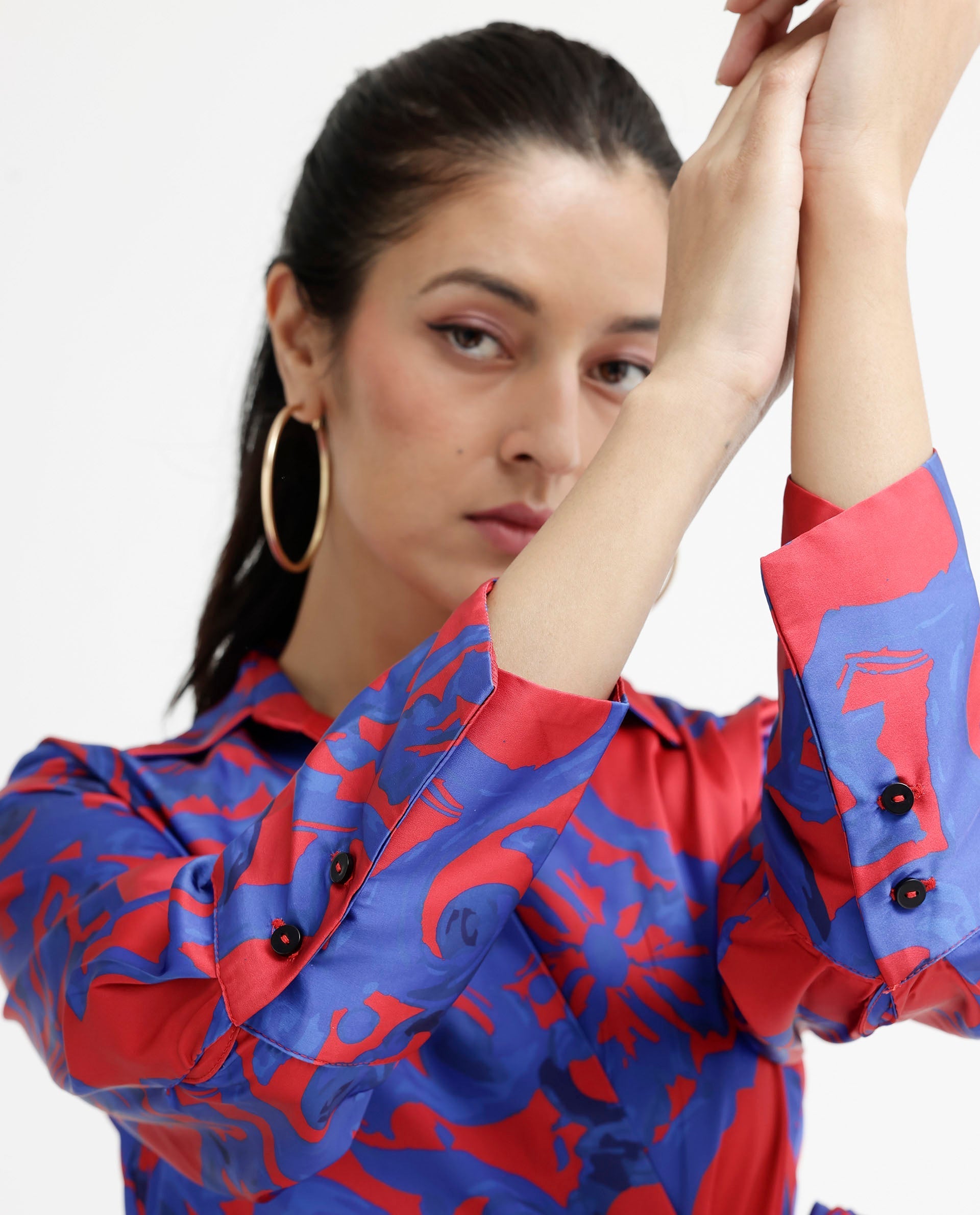 Rareism Women Cager-SC Red Cuffed Sleeve Regular Collar Loop Wrap Abstract Print Mini Dress