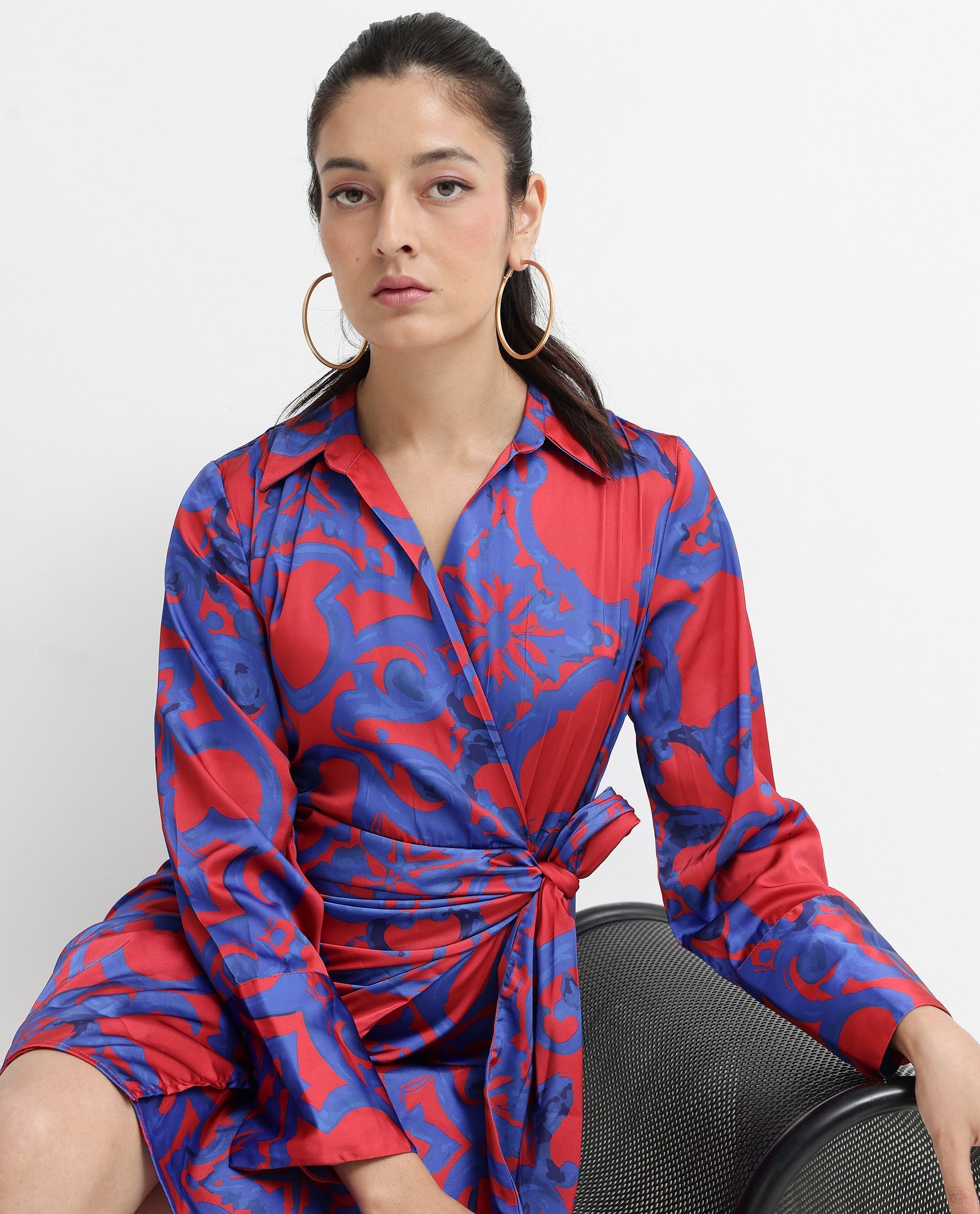 Rareism Women Cager-SC Red Cuffed Sleeve Regular Collar Loop Wrap Abstract Print Mini Dress