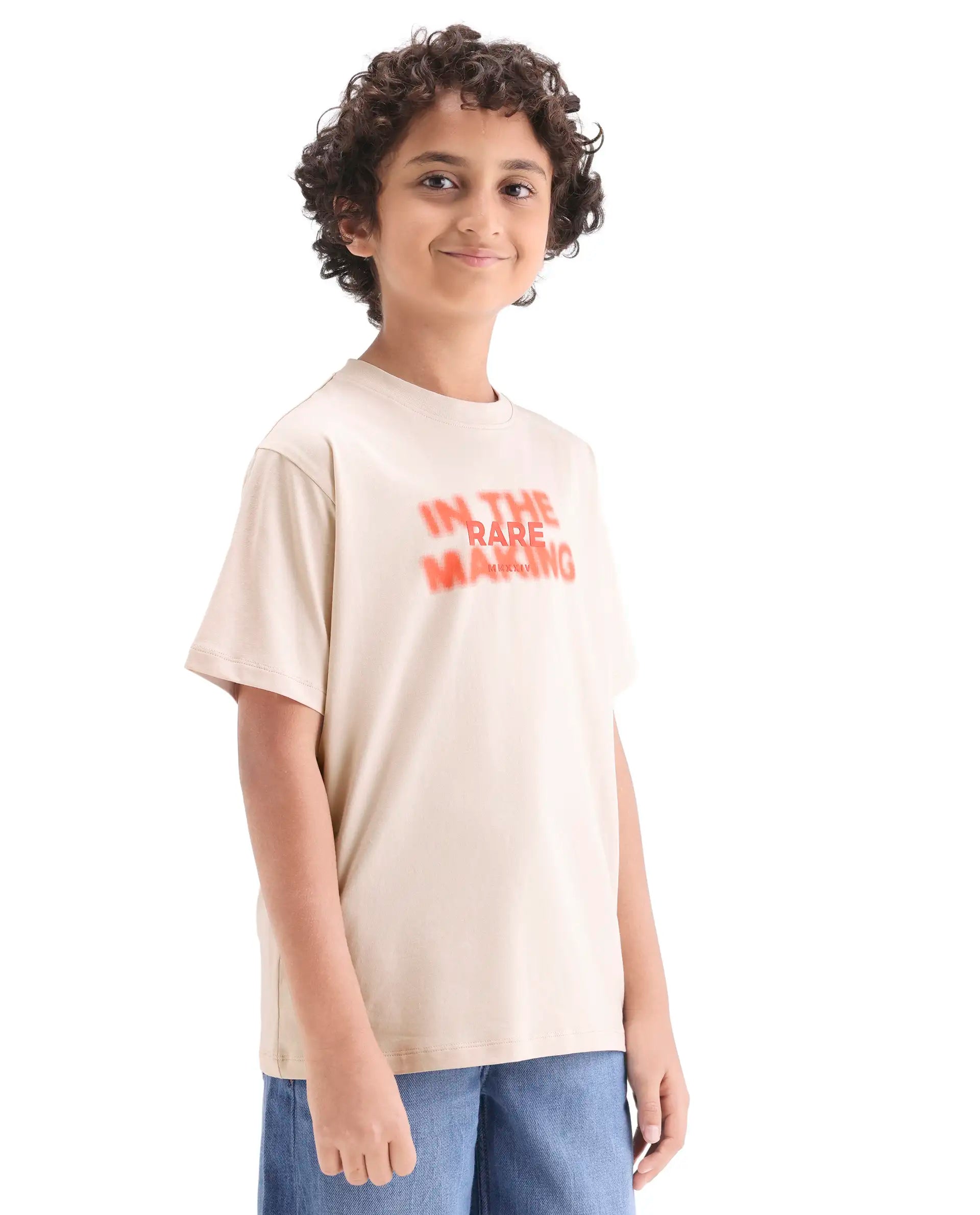 Rare Ones Kids Cago Light Beige Cotton Blend Pull-On Closure Hd Print Regular Fit T-Shirt