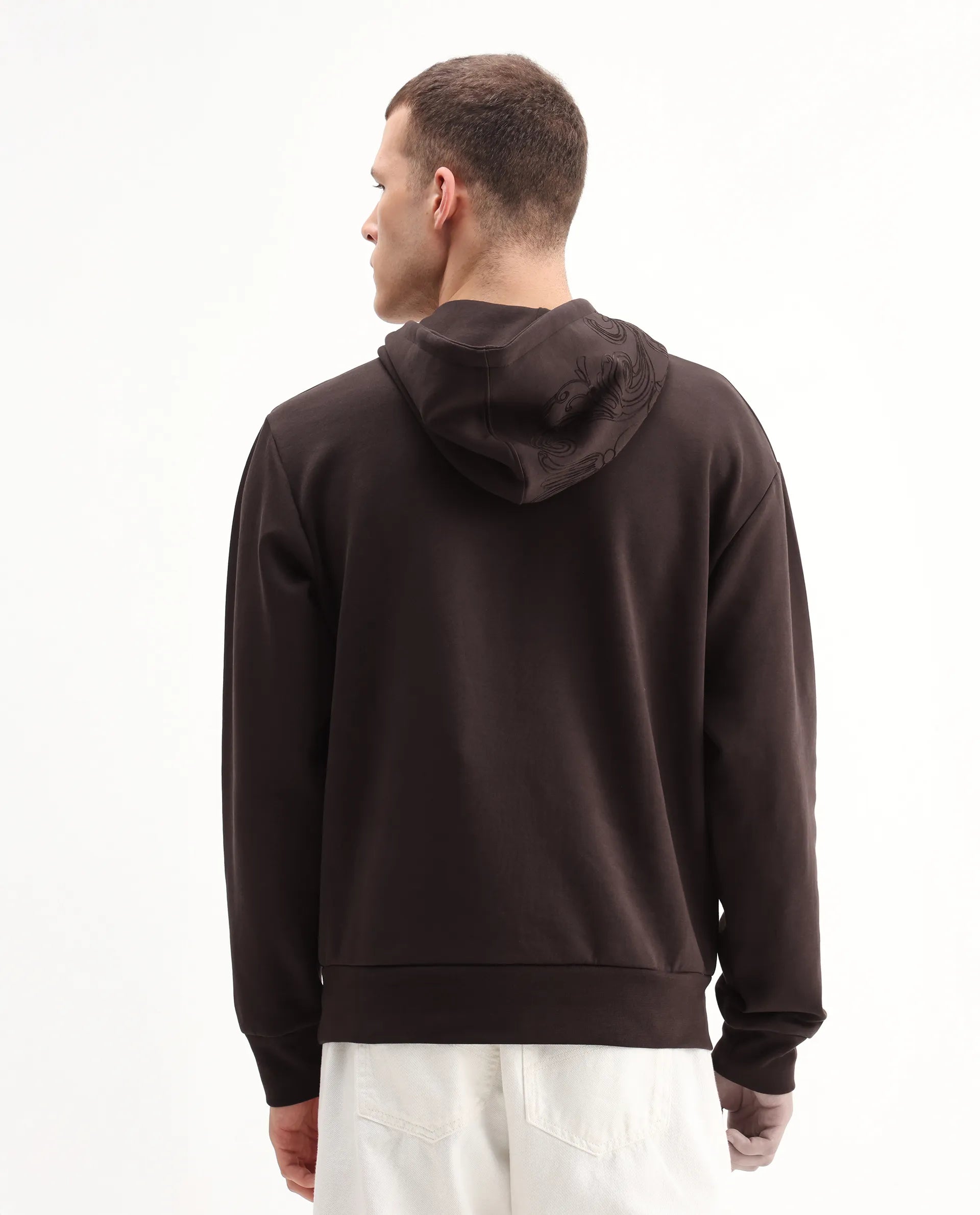 Rare Rabbit Men's Caig Dark Brown Cotton Blend Printed Regular Fit Full Sleeve Hooded Sweatshirt