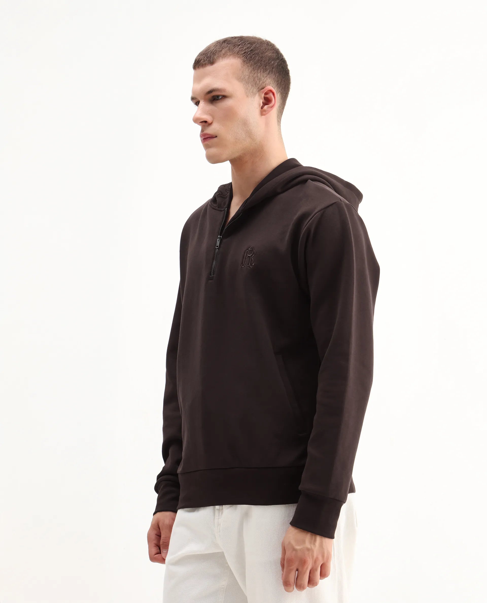 Rare Rabbit Men's Caig Dark Brown Cotton Blend Printed Regular Fit Full Sleeve Hooded Sweatshirt