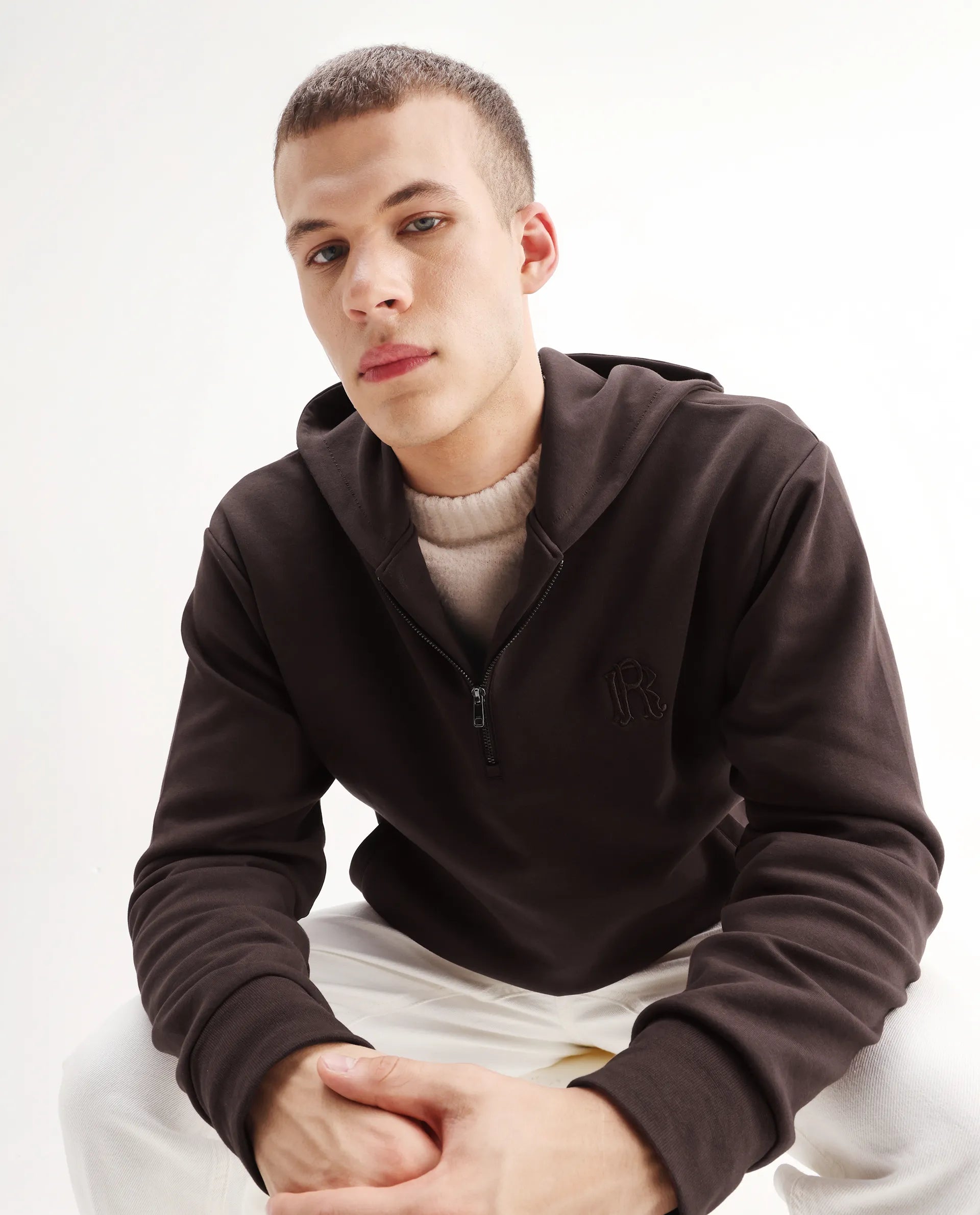 Rare Rabbit Men's Caig Dark Brown Cotton Blend Printed Regular Fit Full Sleeve Hooded Sweatshirt