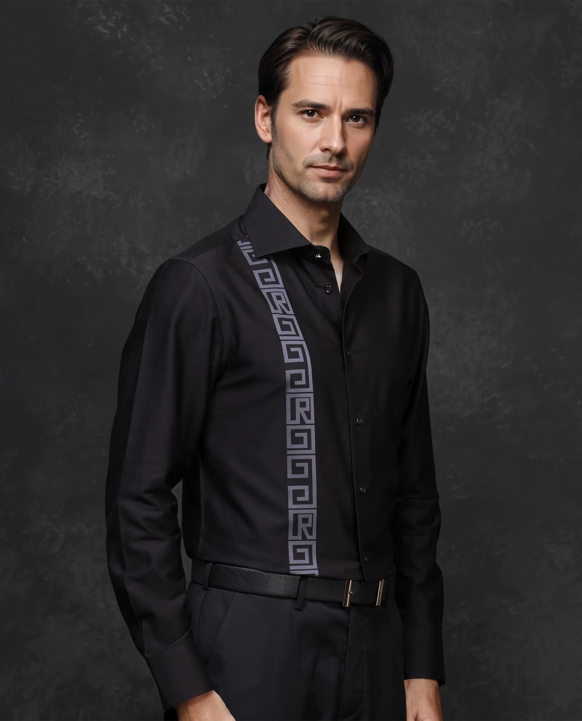 Rare Rabbit Men Caino Black Pure Cotton Full Sleeve Regular Fit Monogram Placement Print Shirt