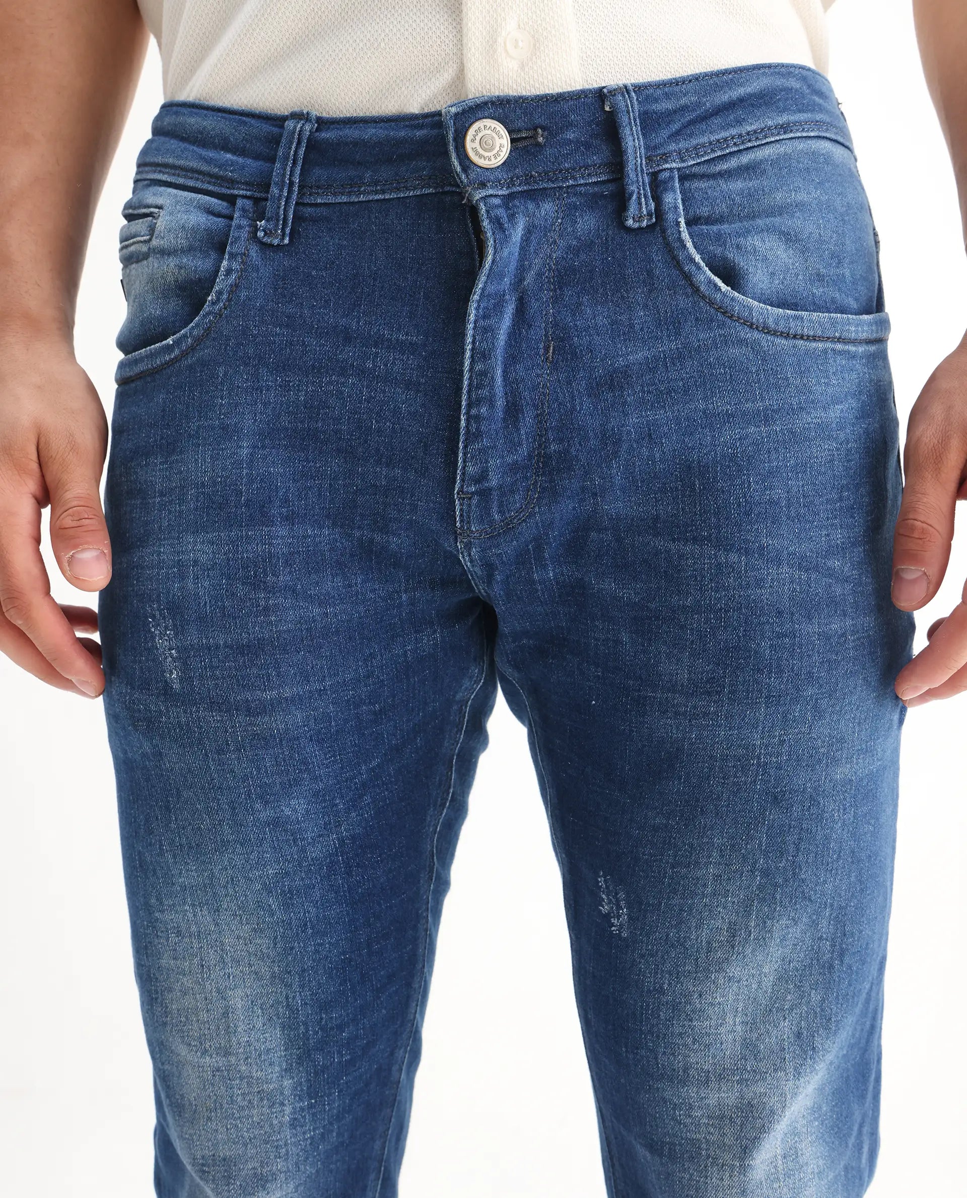 Rare Rabbit Men's Calca Blue Cotton Plain Hawk Slim Fit Jeans