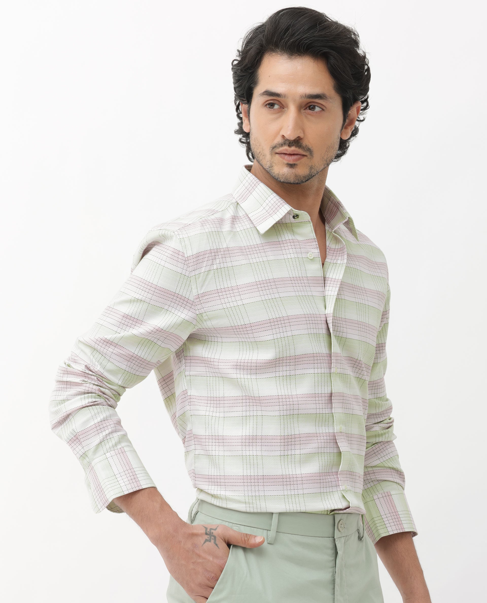 Rare Rabbit Mens Caldon Multi Cotton Fabric Full Sleeves Two Tonal Checks Shirt