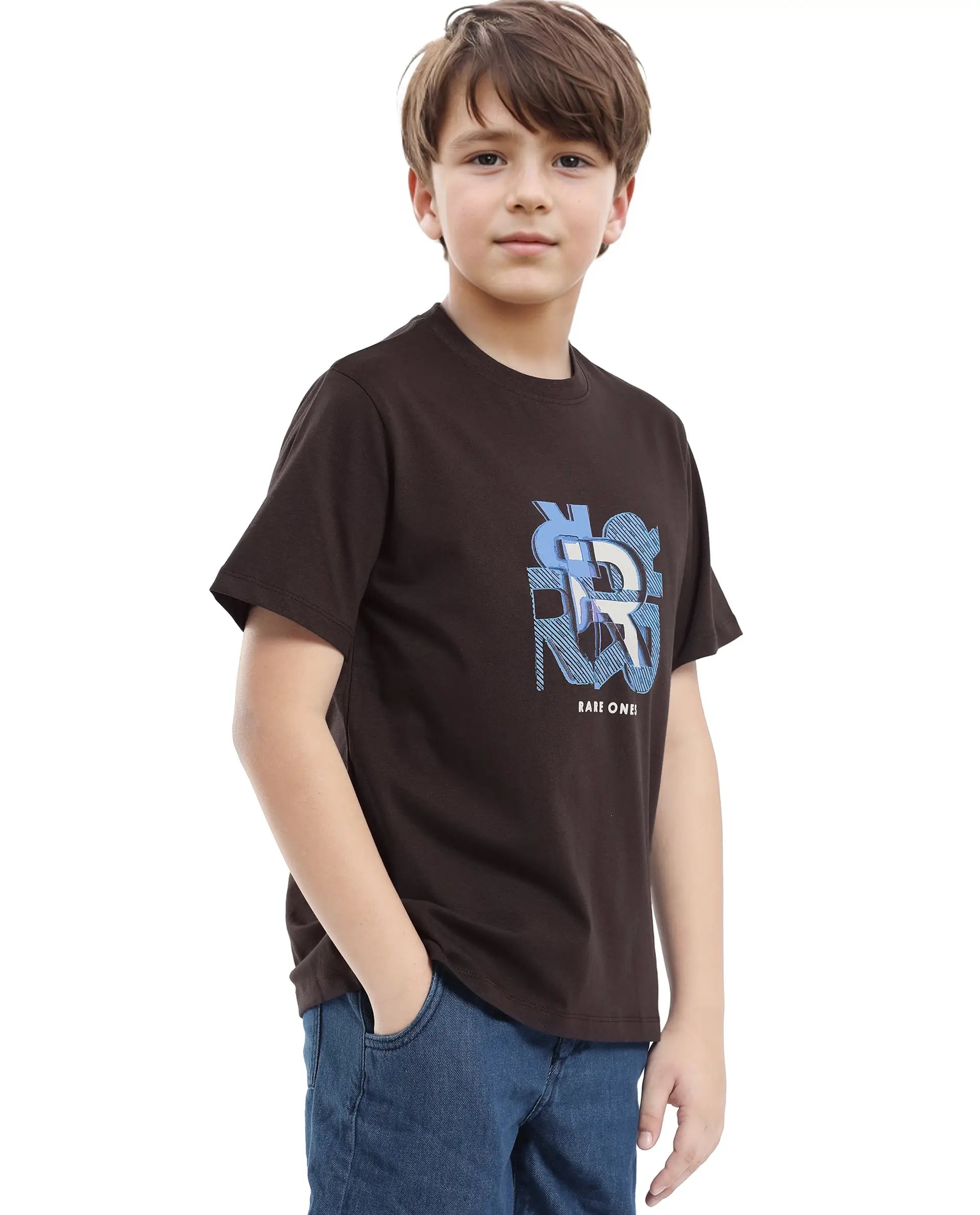 Rare Ones Kids Caleb-K Dark Brown Cotton Blend Half Sleeve Slip-On Printed Regular Fit T-Shirt