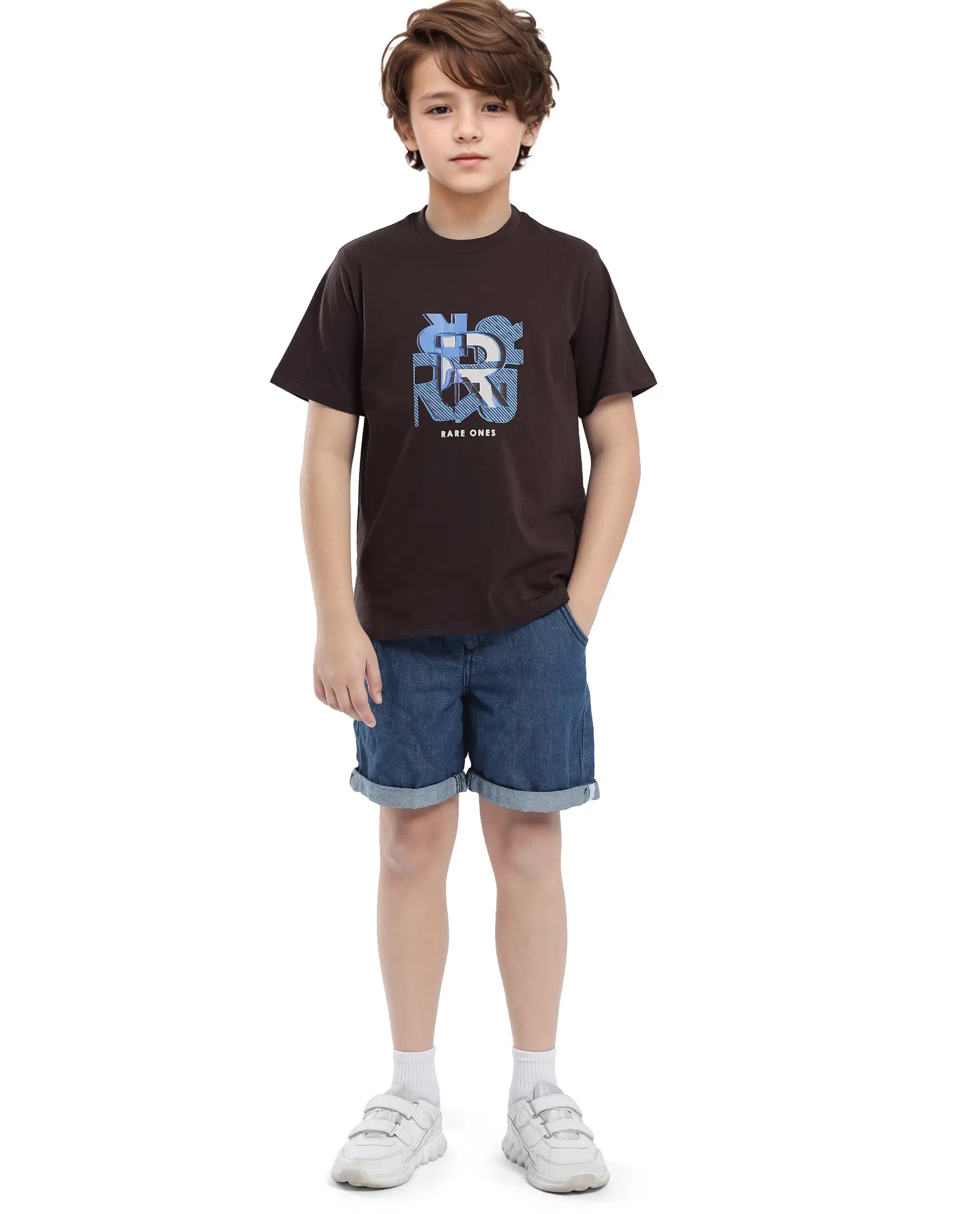 Rare Ones Kids Caleb-K Dark Brown Cotton Blend Half Sleeve Slip-On Printed Regular Fit T-Shirt