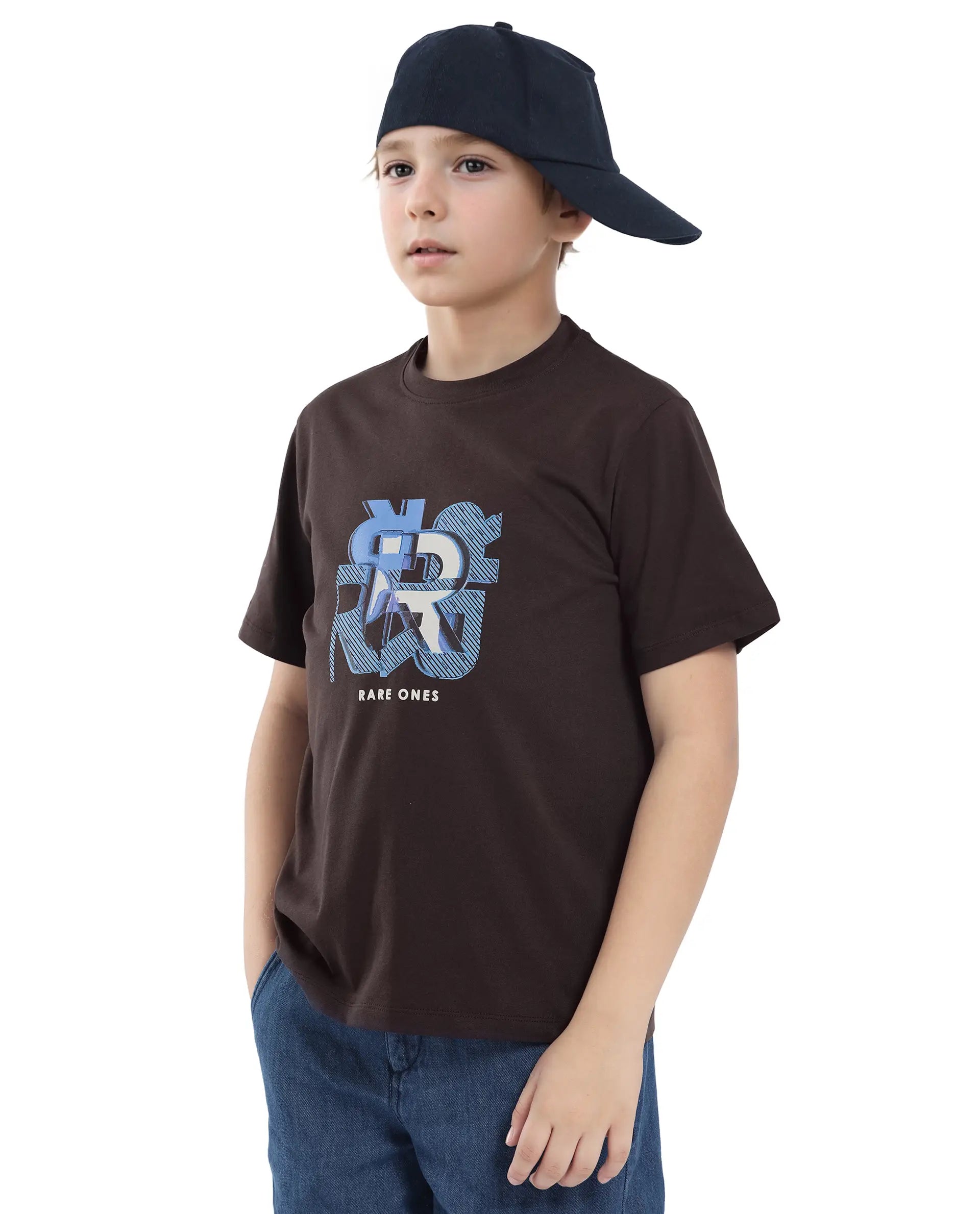 Rare Ones Kids Caleb-K Dark Brown Cotton Blend Half Sleeve Slip-On Printed Regular Fit T-Shirt