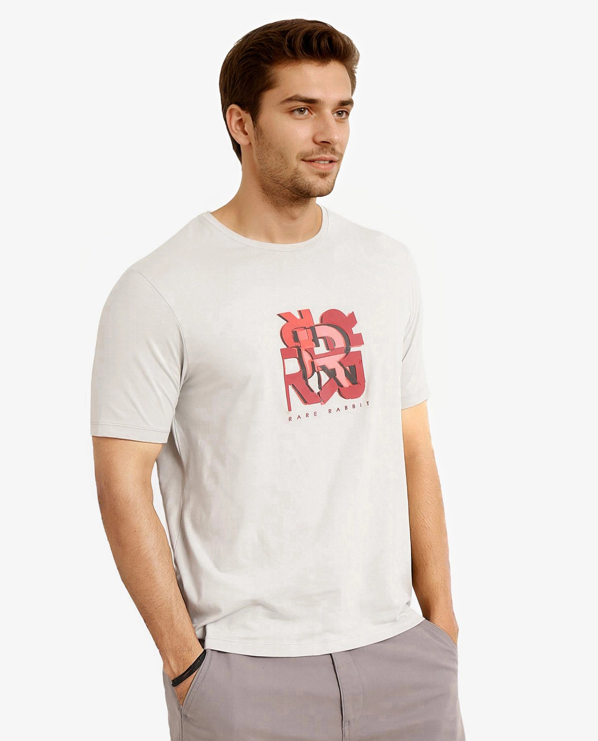 Rare Rabbit Men Caleb Light Grey Cotton Lycra Fabric Short Sleeve Crew Neck Regular Fit Graphic Print T-Shirt