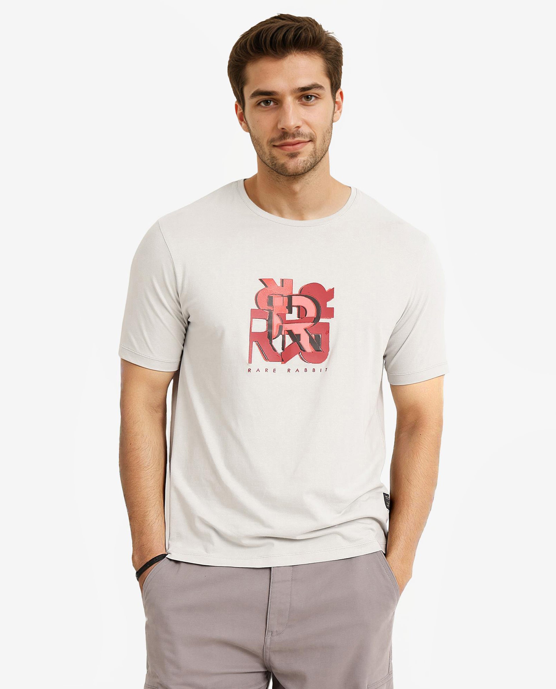 Rare Rabbit Men Caleb Light Grey Cotton Lycra Fabric Short Sleeve Crew Neck Regular Fit Graphic Print T-Shirt