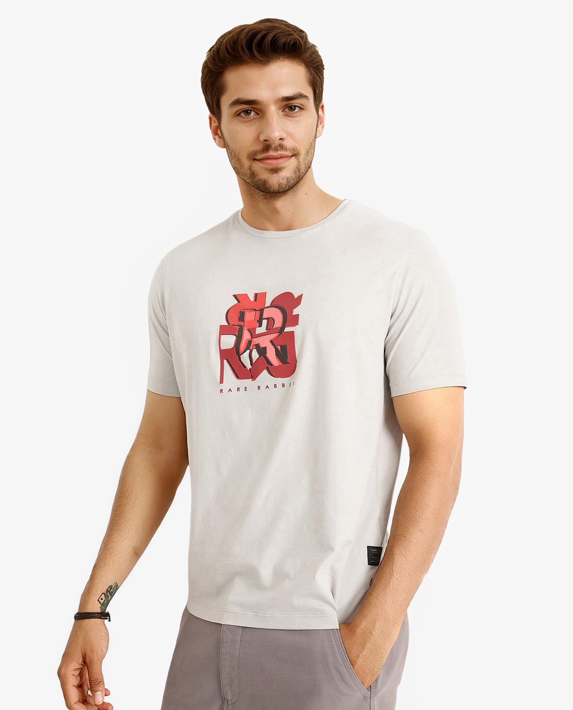 Rare Rabbit Men Caleb Light Grey Cotton Lycra Fabric Short Sleeve Crew Neck Regular Fit Graphic Print T-Shirt