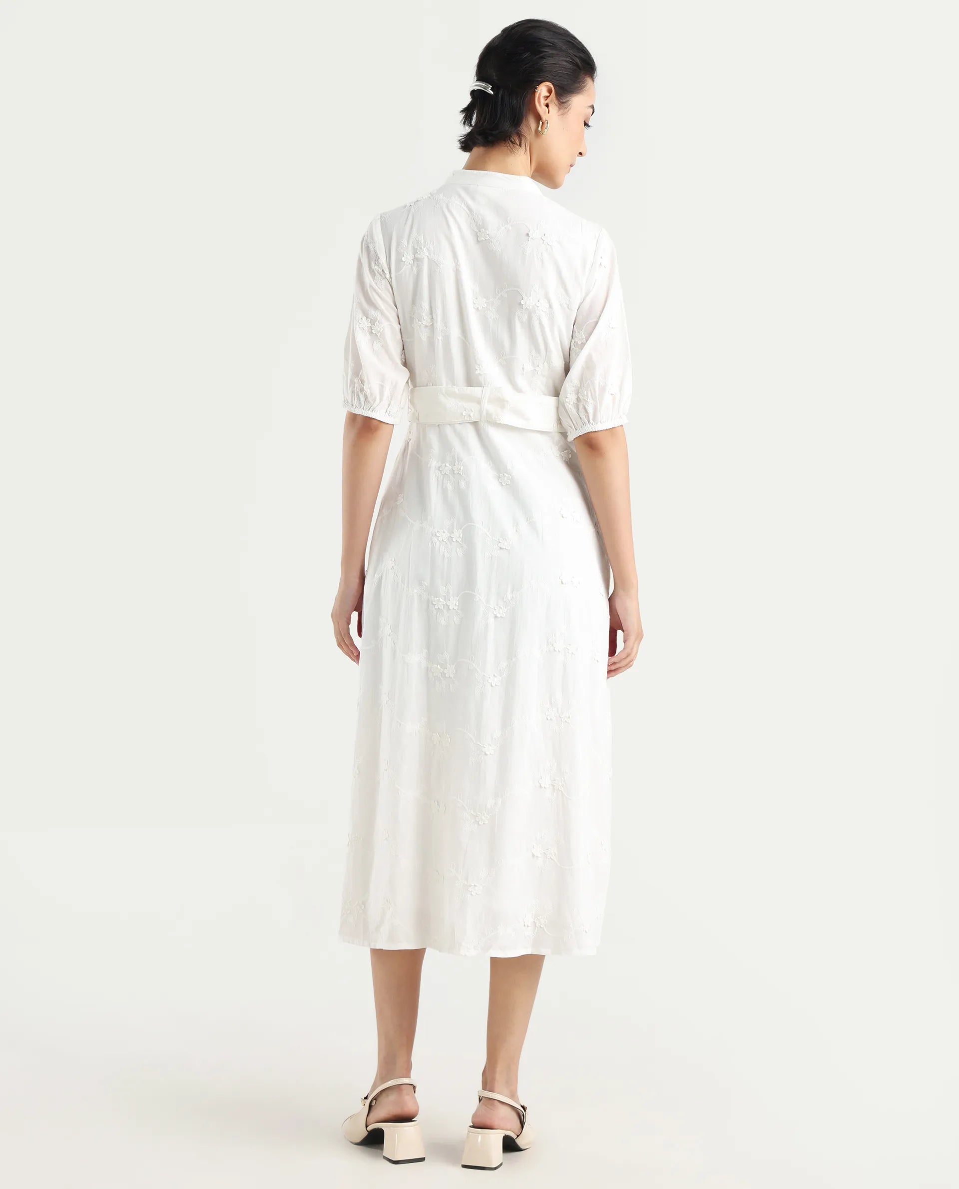 Rareism Women's Caledon White Round Neck Embroidered Puff Sleeves Midi A-Line Dress