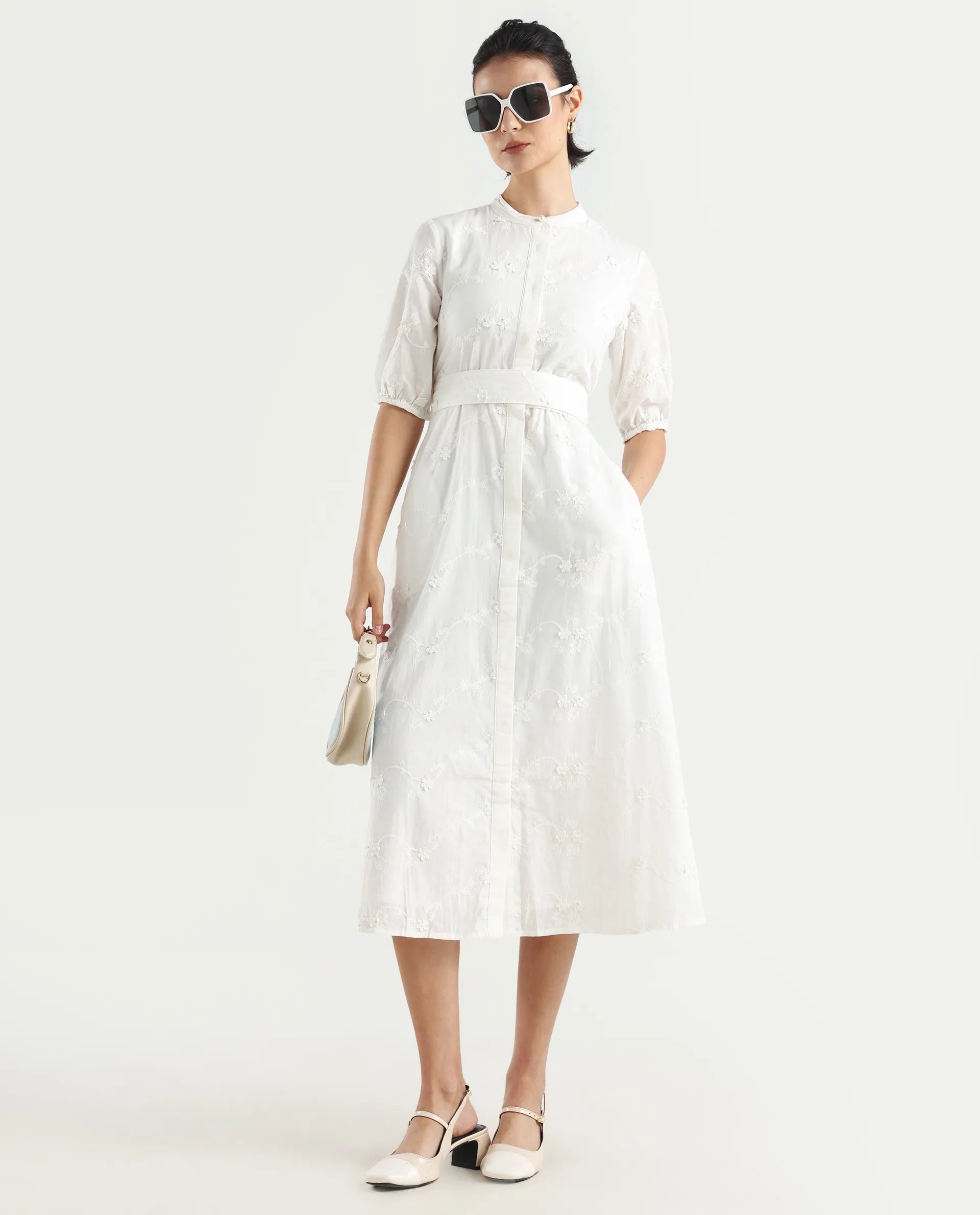 Rareism Women's Caledon White Round Neck Embroidered Puff Sleeves Midi A-Line Dress