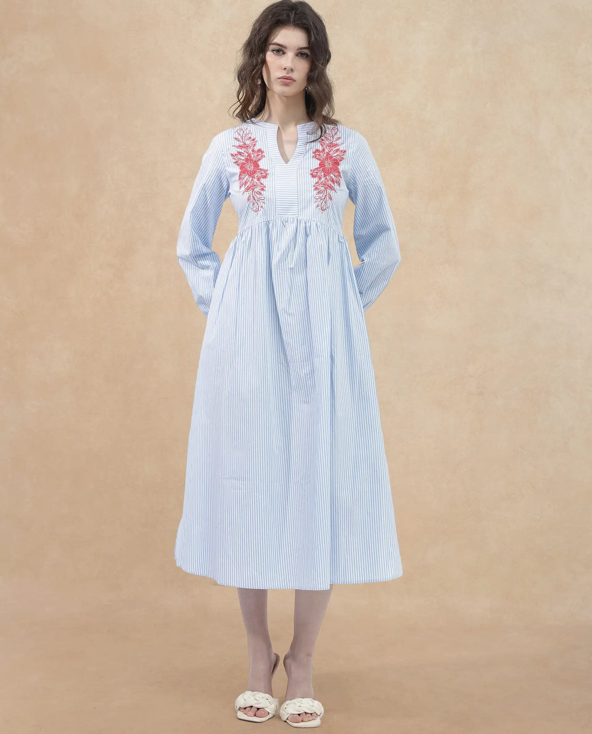 Rareism Women's Calia Blue Cotton Collarless Striped Bishop Sleeve Midi A-Line Dress