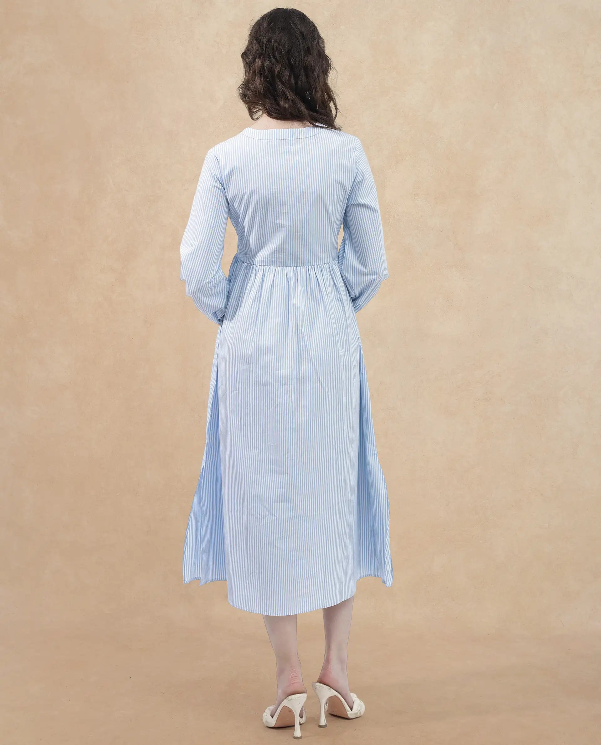 Rareism Women's Calia Blue Cotton Collarless Striped Bishop Sleeve Midi A-Line Dress