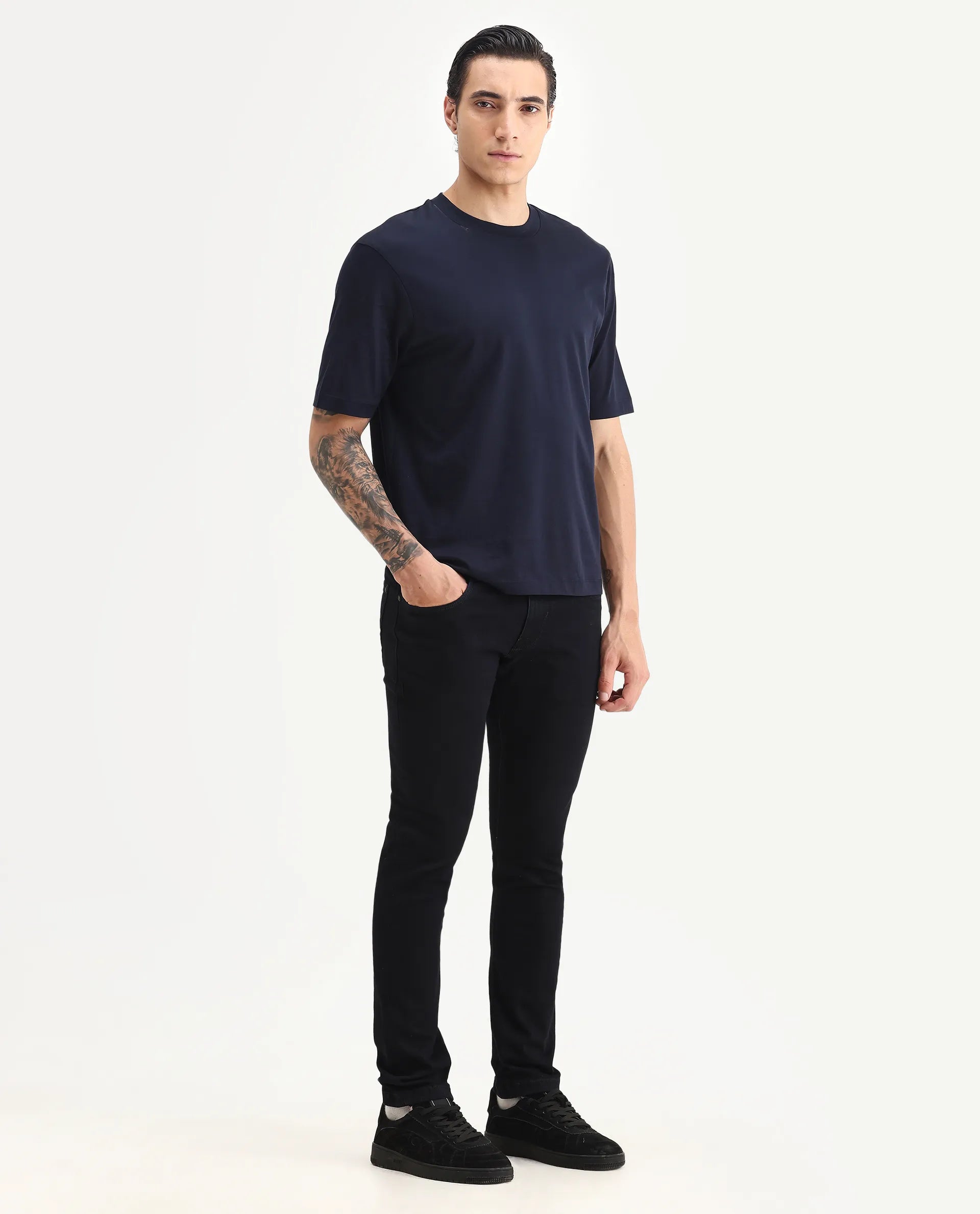 Rare Rabbit Men's Calin Dark Navy Cotton Blend Plain Hawk Slim Fit Jeans