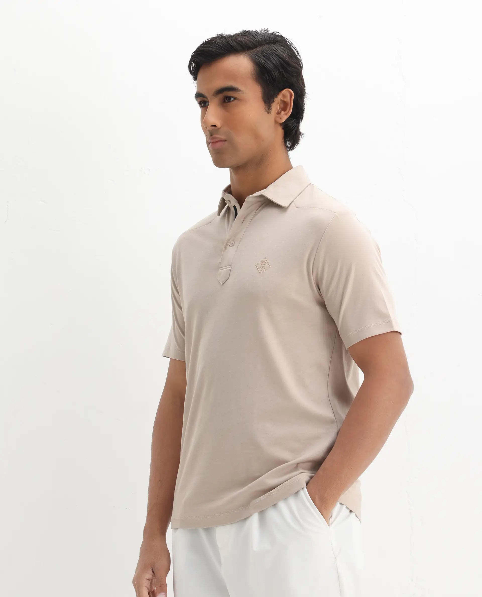 Rare Rabbit Men's Calix Beige Embroidered Regular Fit Half Sleeve Polo