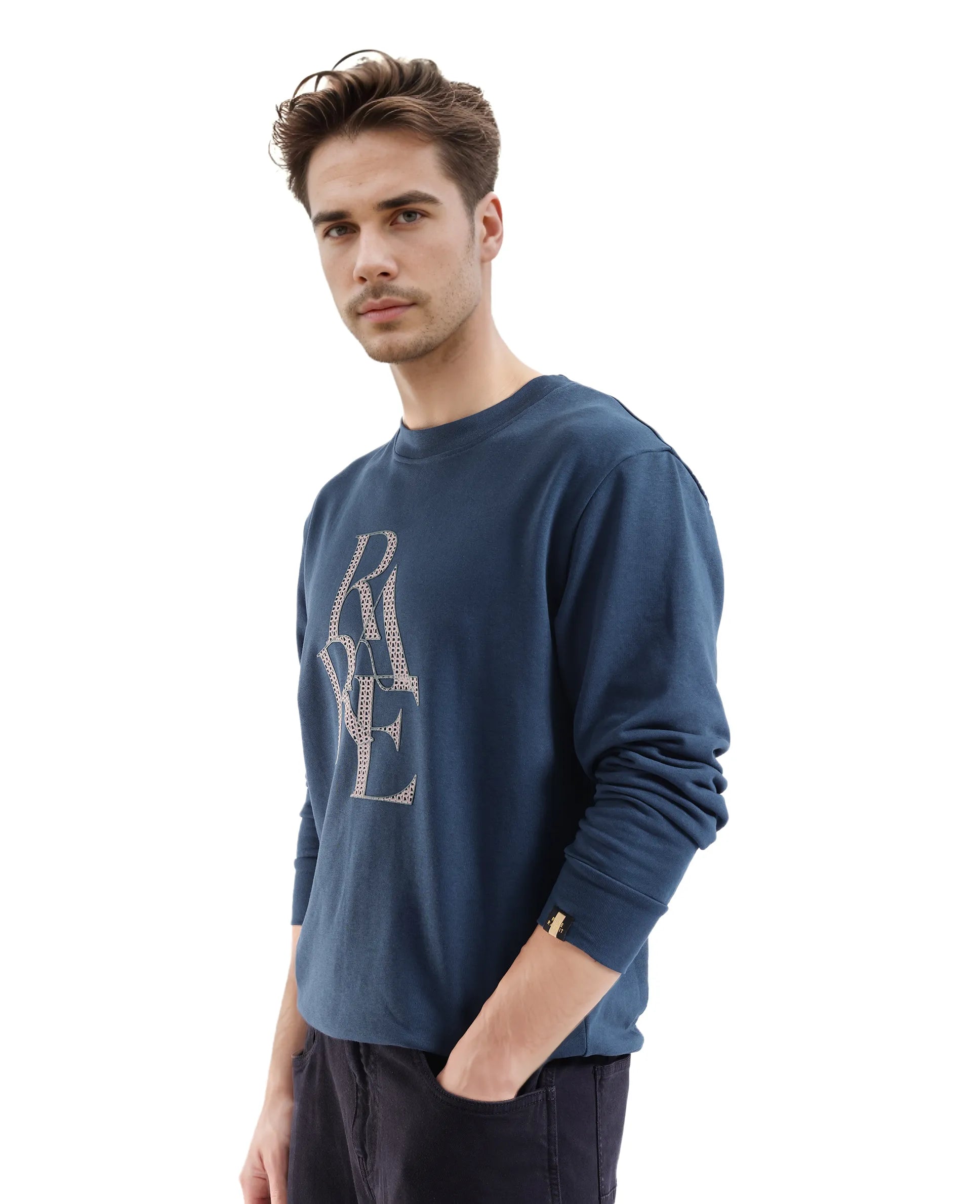 Rare Rabbit Men's Calixer Dark Green Cotton Blend Fabric Full Sleeve Crew Neck Sweatshirt