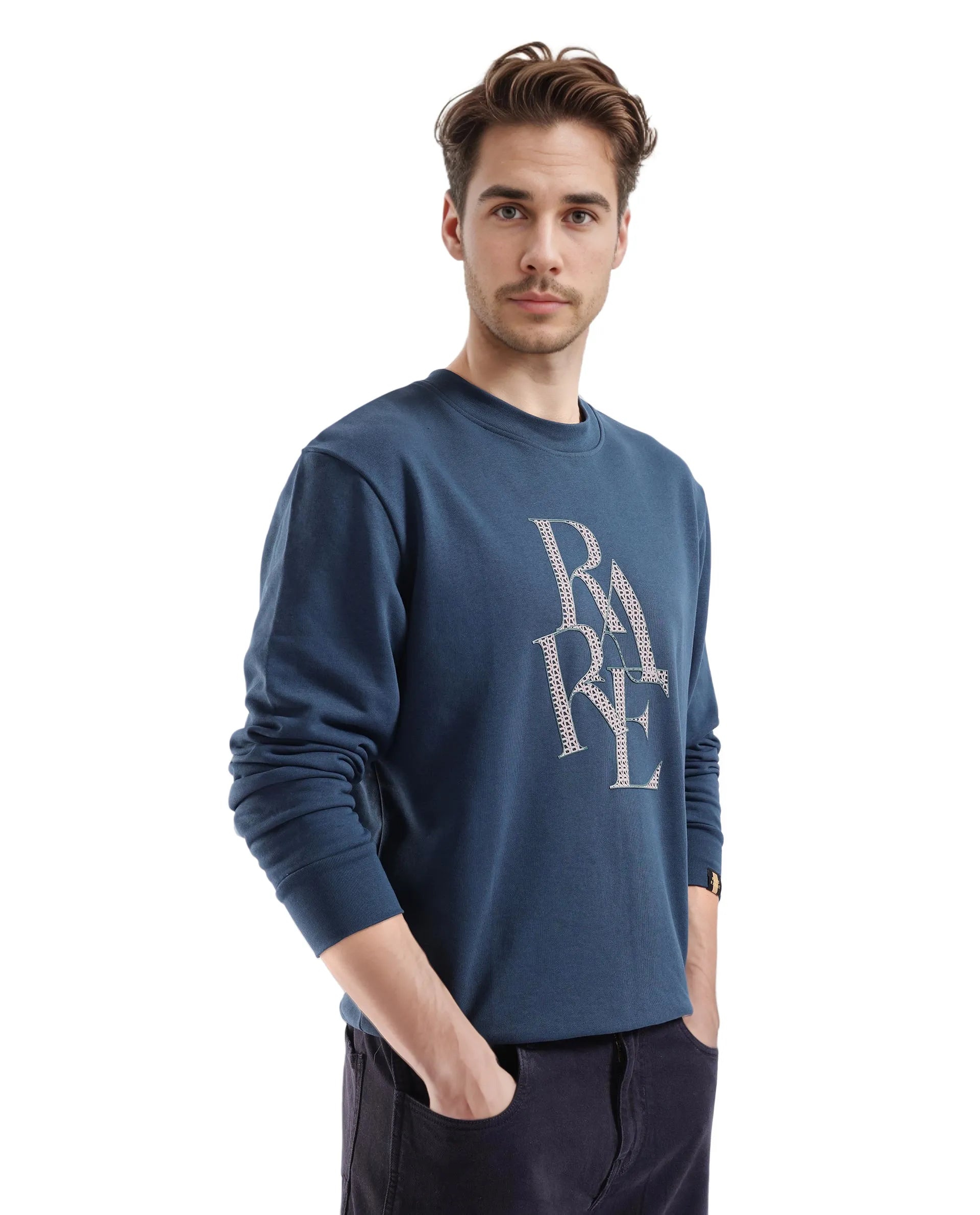 Rare Rabbit Men's Calixer Dark Green Cotton Blend Fabric Full Sleeve Crew Neck Sweatshirt