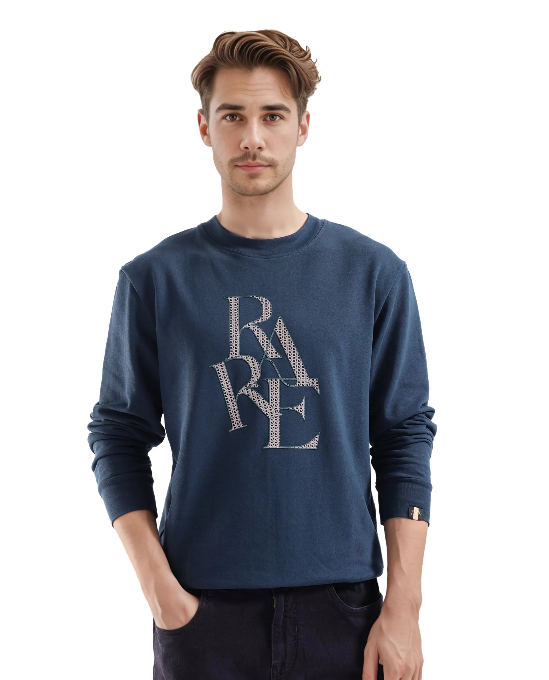 Rare Rabbit Men's Calixer Dark Green Cotton Blend Fabric Full Sleeve Crew Neck Sweatshirt