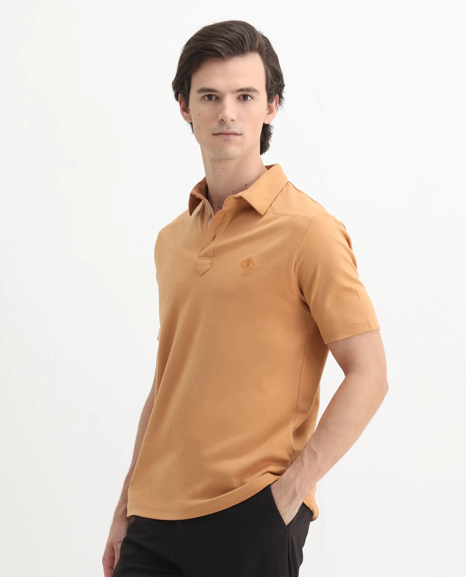 Rare Rabbit Men's Calix Mustard Cotton Embroidered Regular Fit Half Sleeve Polo
