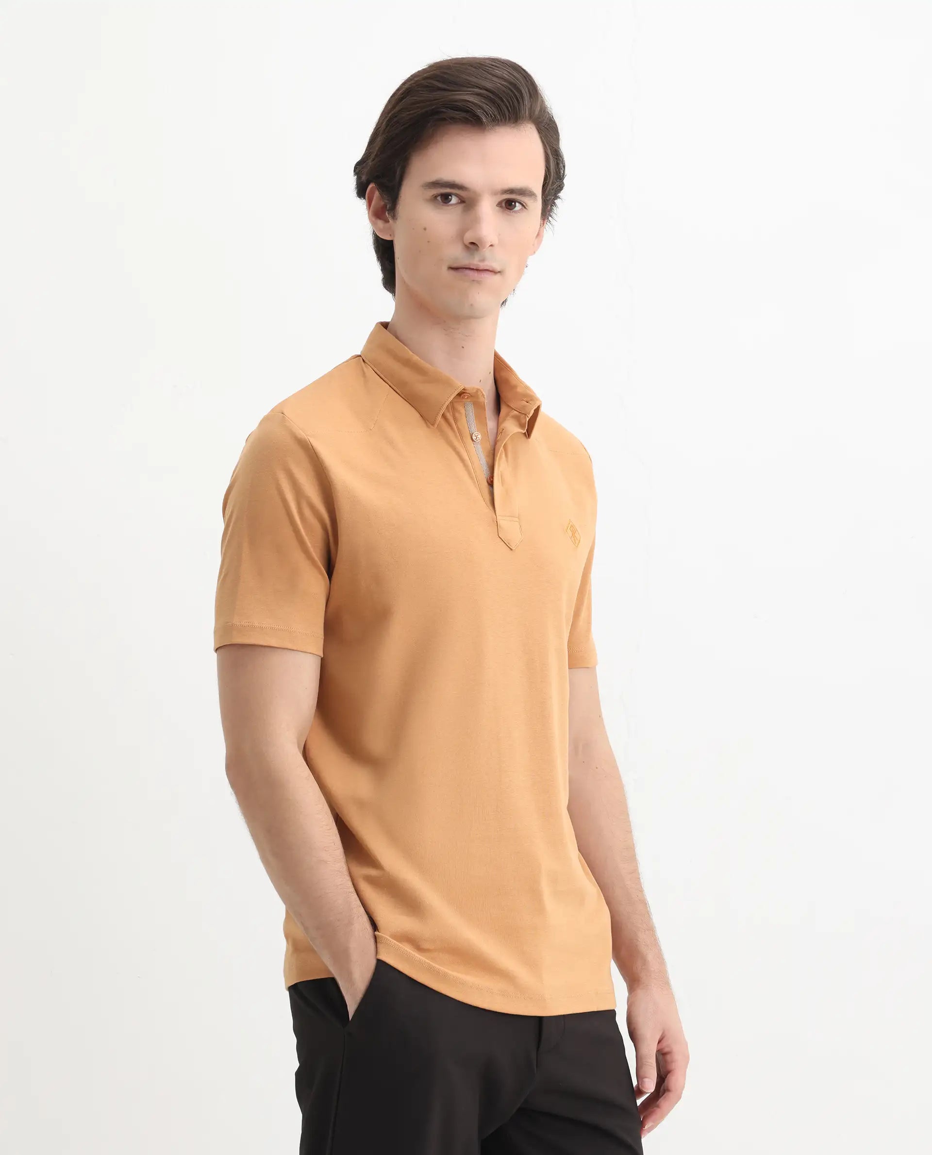 Rare Rabbit Men's Calix Mustard Cotton Embroidered Regular Fit Half Sleeve Polo