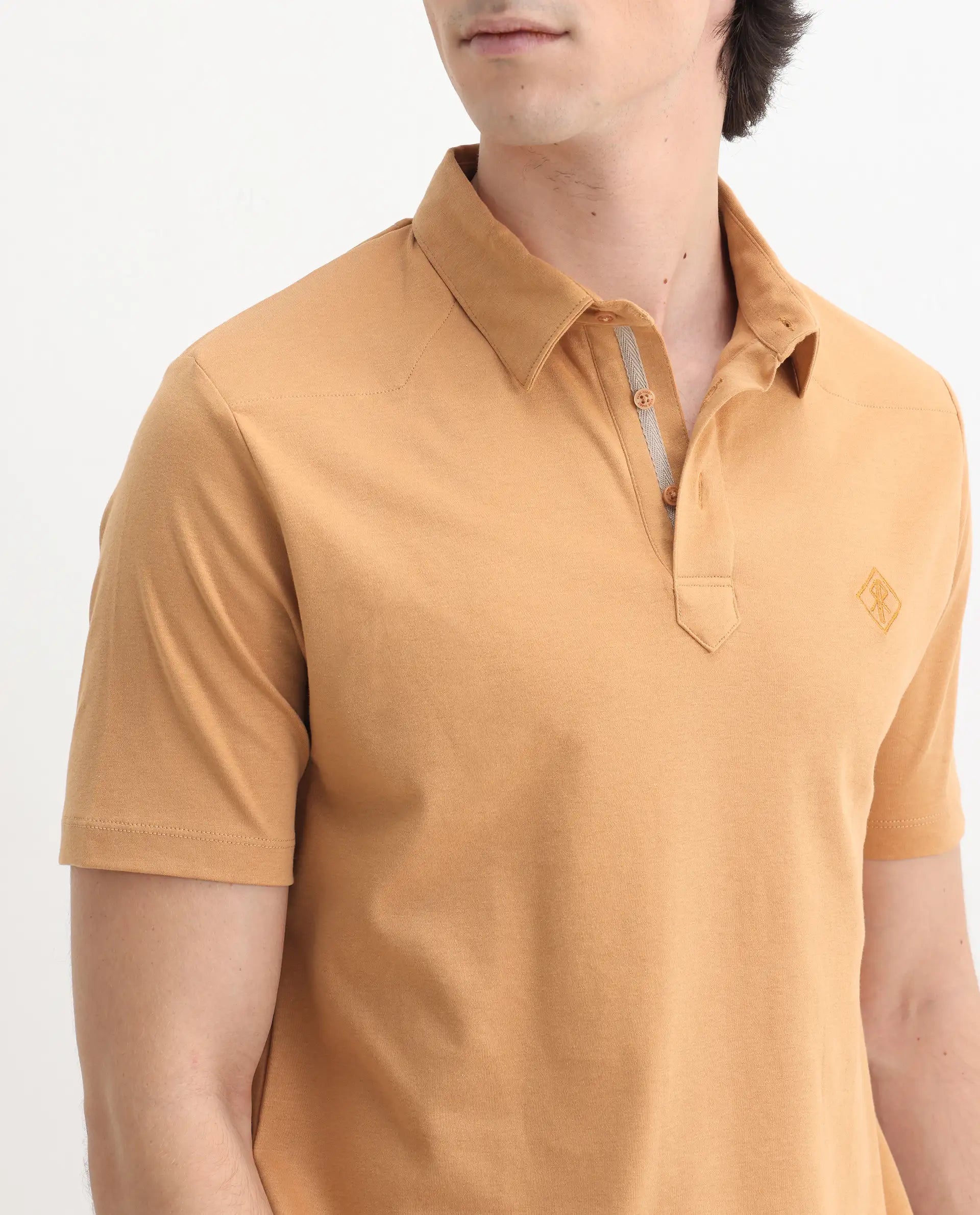 Rare Rabbit Men's Calix Mustard Cotton Embroidered Regular Fit Half Sleeve Polo