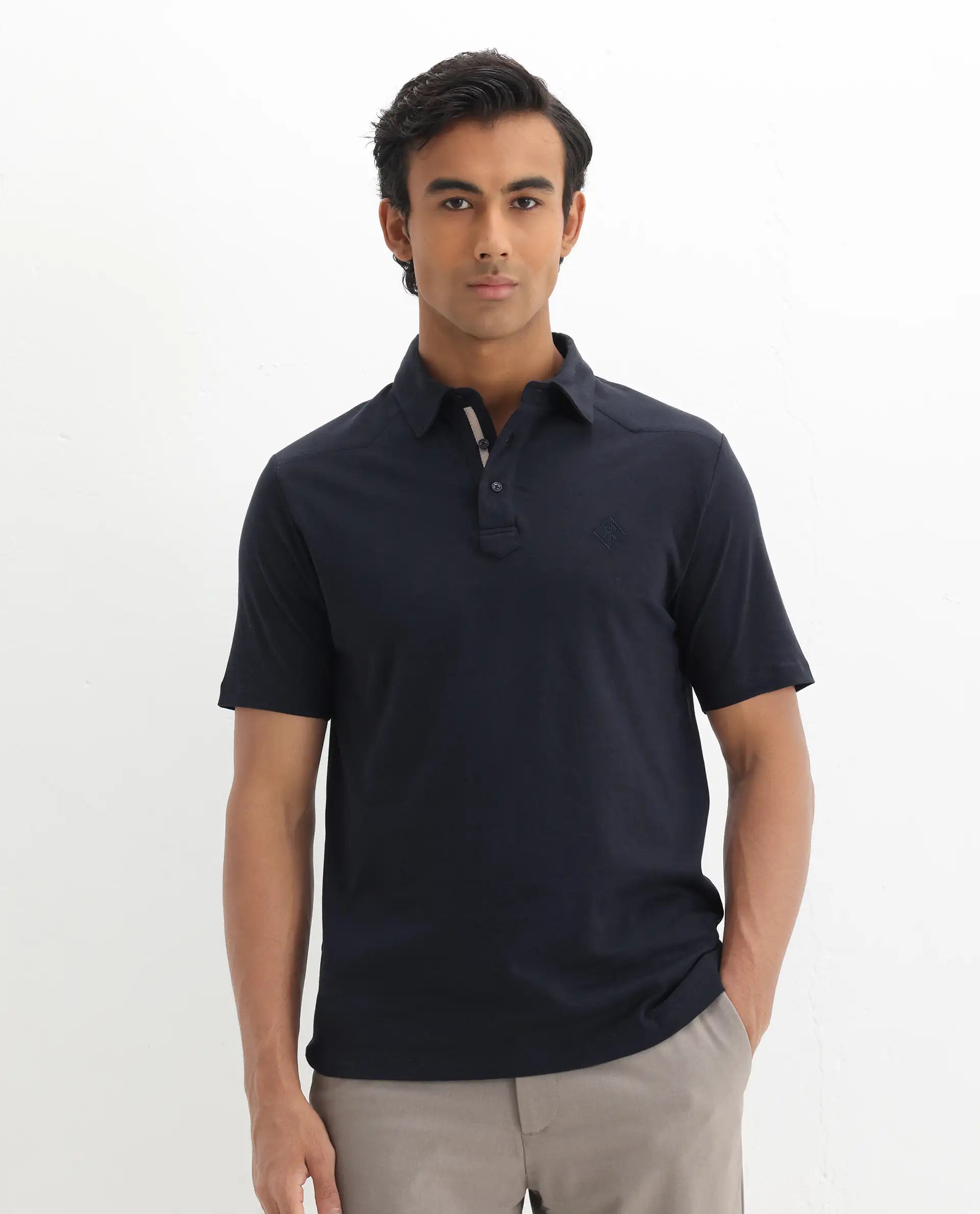 Rare Rabbit Men's Calix Navy Cotton Embroidered Regular Fit Half Sleeve Polo