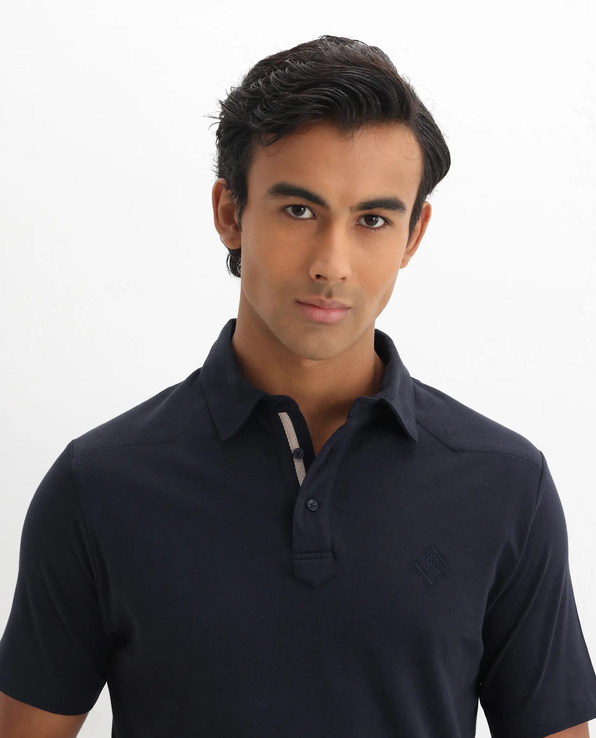 Rare Rabbit Men's Calix Navy Cotton Embroidered Regular Fit Half Sleeve Polo
